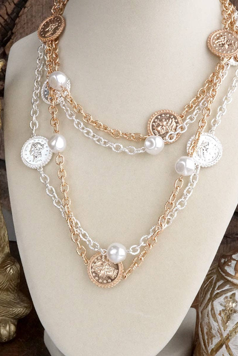 Starlit Relics – Coin & Pearl Station Necklace: Worn Gold Tone-250 Jewelry-PennyLine inc-The Lovely Closet, Women's Fashion Boutique in Alexandria, KY