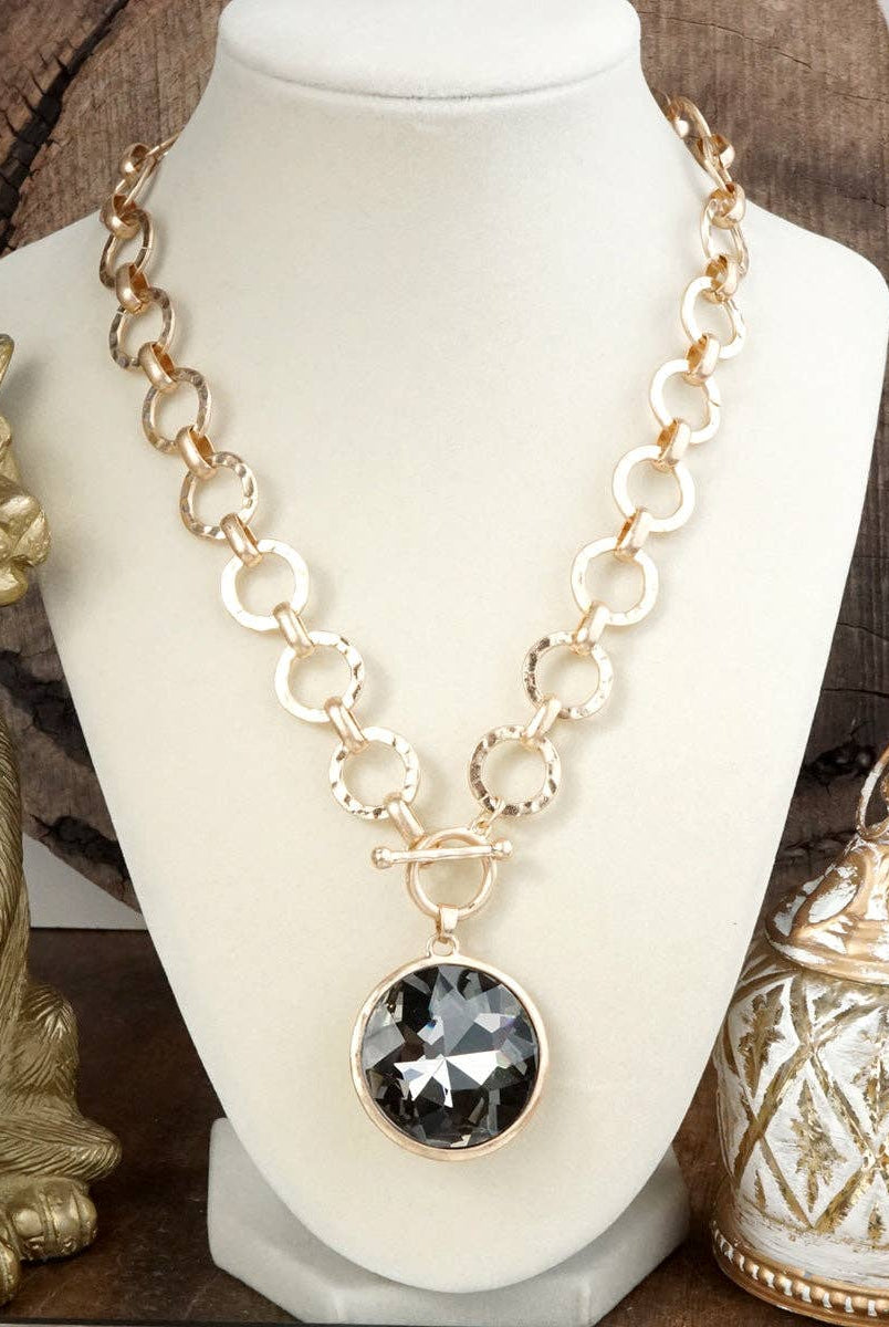 Gilded Radiance – Chunky Ring Chain Necklace with Sparkly Crystal: Gray-250 Jewelry-PennyLine inc-The Lovely Closet, Women's Fashion Boutique in Alexandria, KY