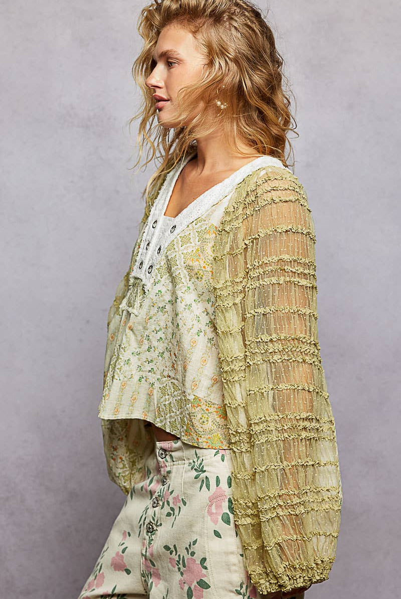 Long Sleeve Lace Contrast Printed Woven Top-110 Long Sleeve Top-Pol Clothing-The Lovely Closet, Women's Fashion Boutique in Alexandria, KY