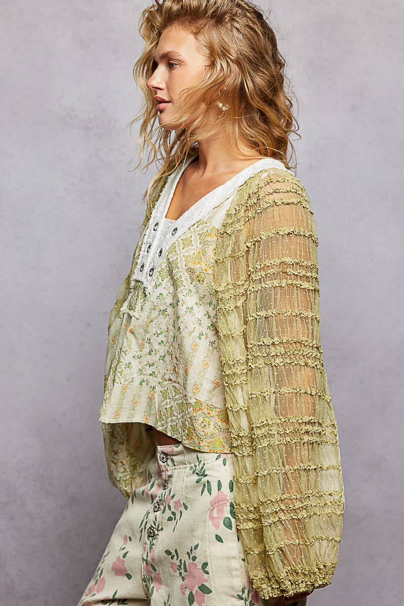 Long Sleeve Lace Contrast Printed Woven Top-110 Long Sleeve Top-Pol Clothing-The Lovely Closet, Women's Fashion Boutique in Alexandria, KY