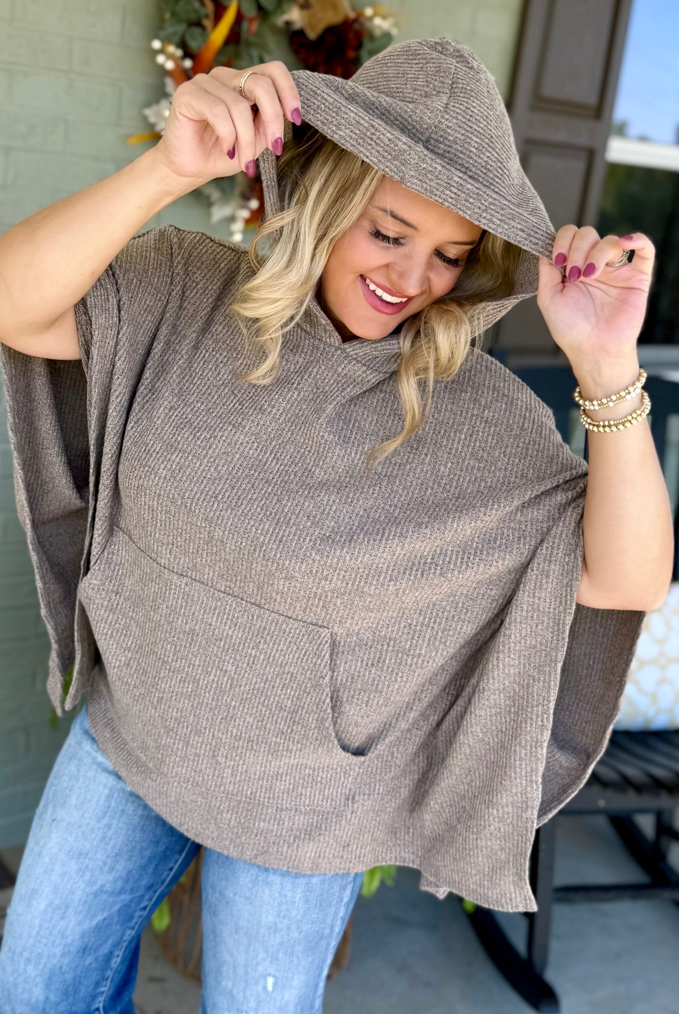 FINAL SALE - Ribbed Knit Poncho Top - Stone-170 Jackets/Outerwear-Dear Scarlett-The Lovely Closet, Women's Fashion Boutique in Alexandria, KY