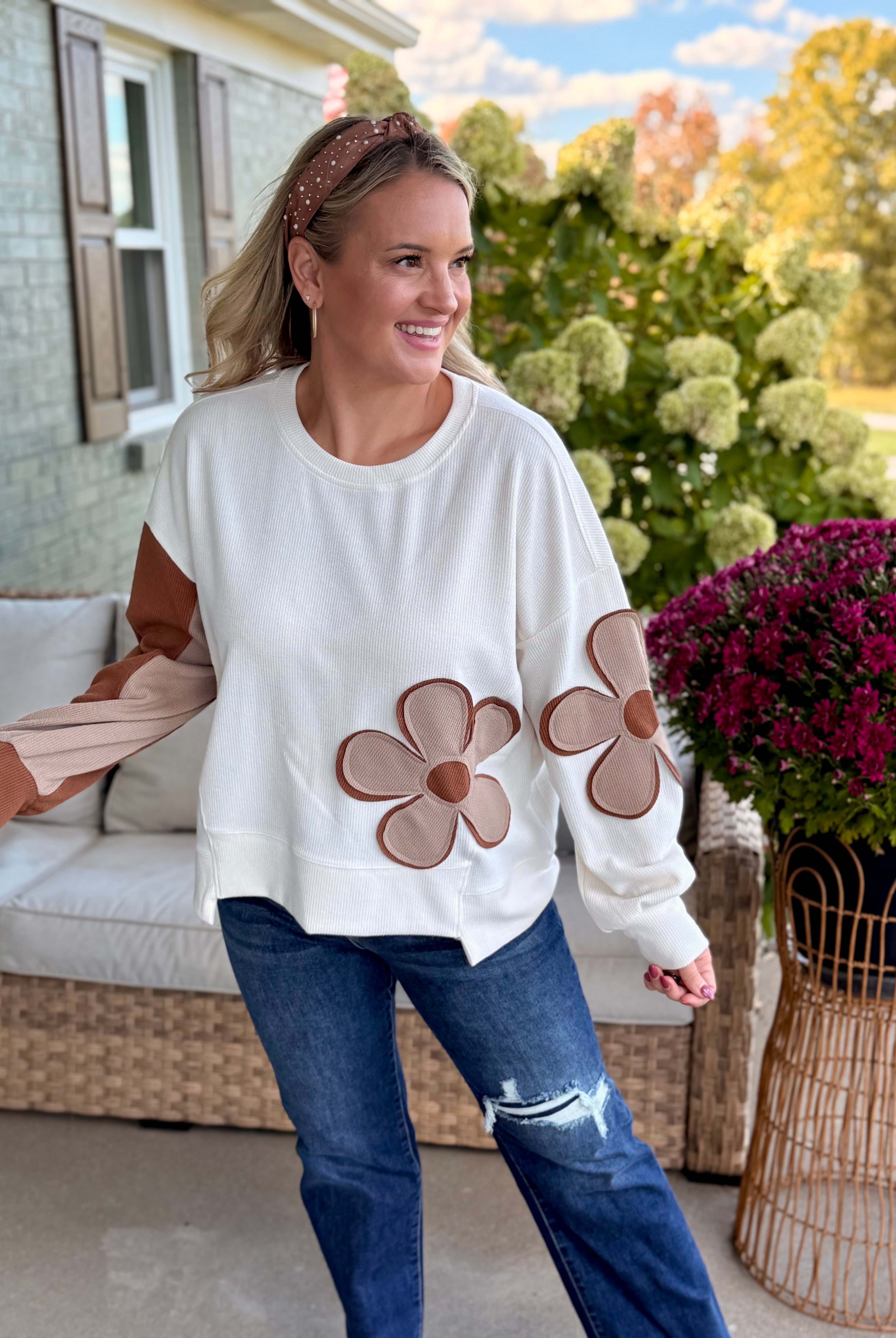 Ribbed Patchwork Flower Top-110 Long Sleeve Top-bibi-The Lovely Closet, Women's Fashion Boutique in Alexandria, KY