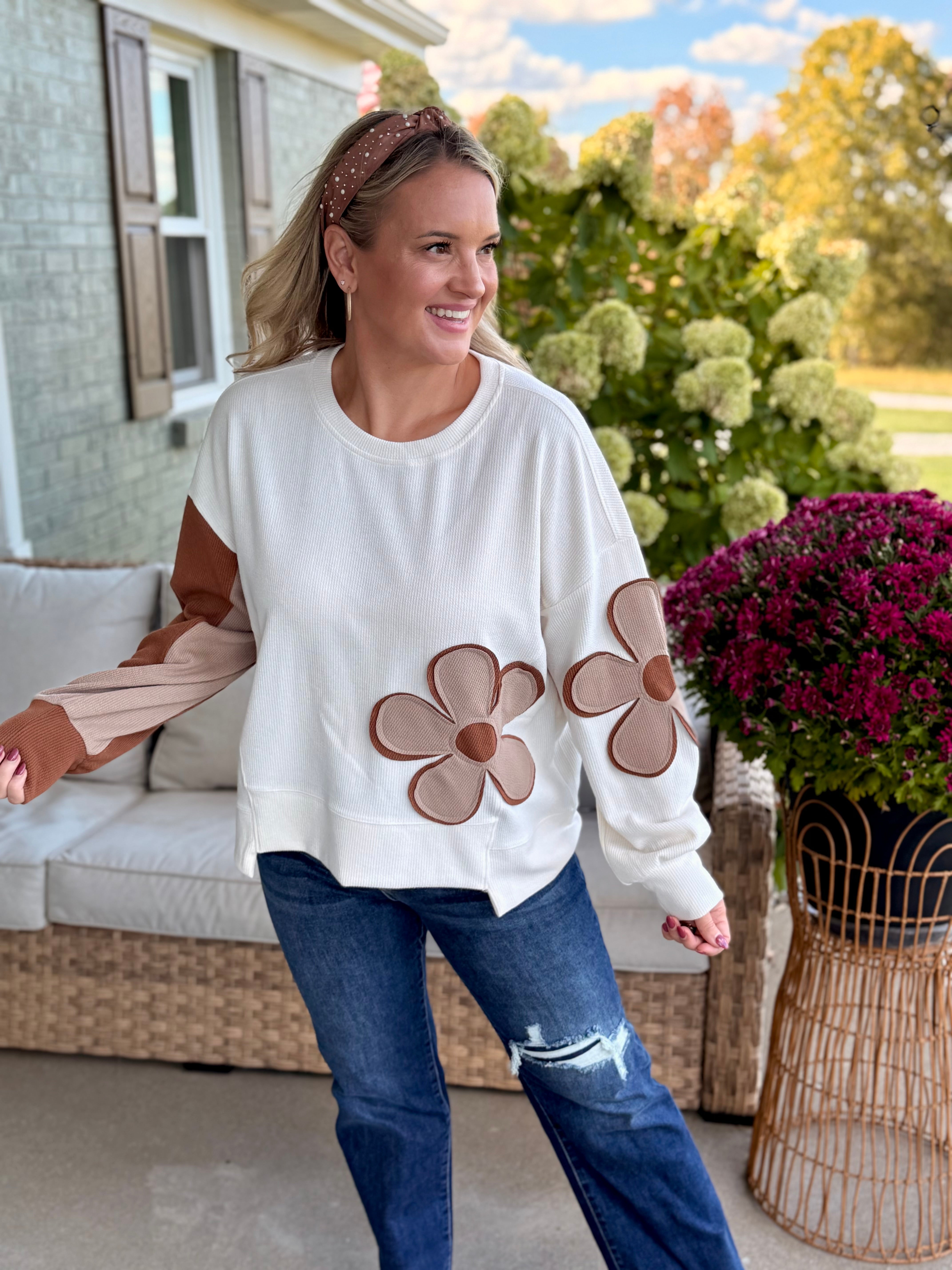 Ribbed Patchwork Flower Top-110 Long Sleeve Top-bibi-The Lovely Closet, Women's Fashion Boutique in Alexandria, KY
