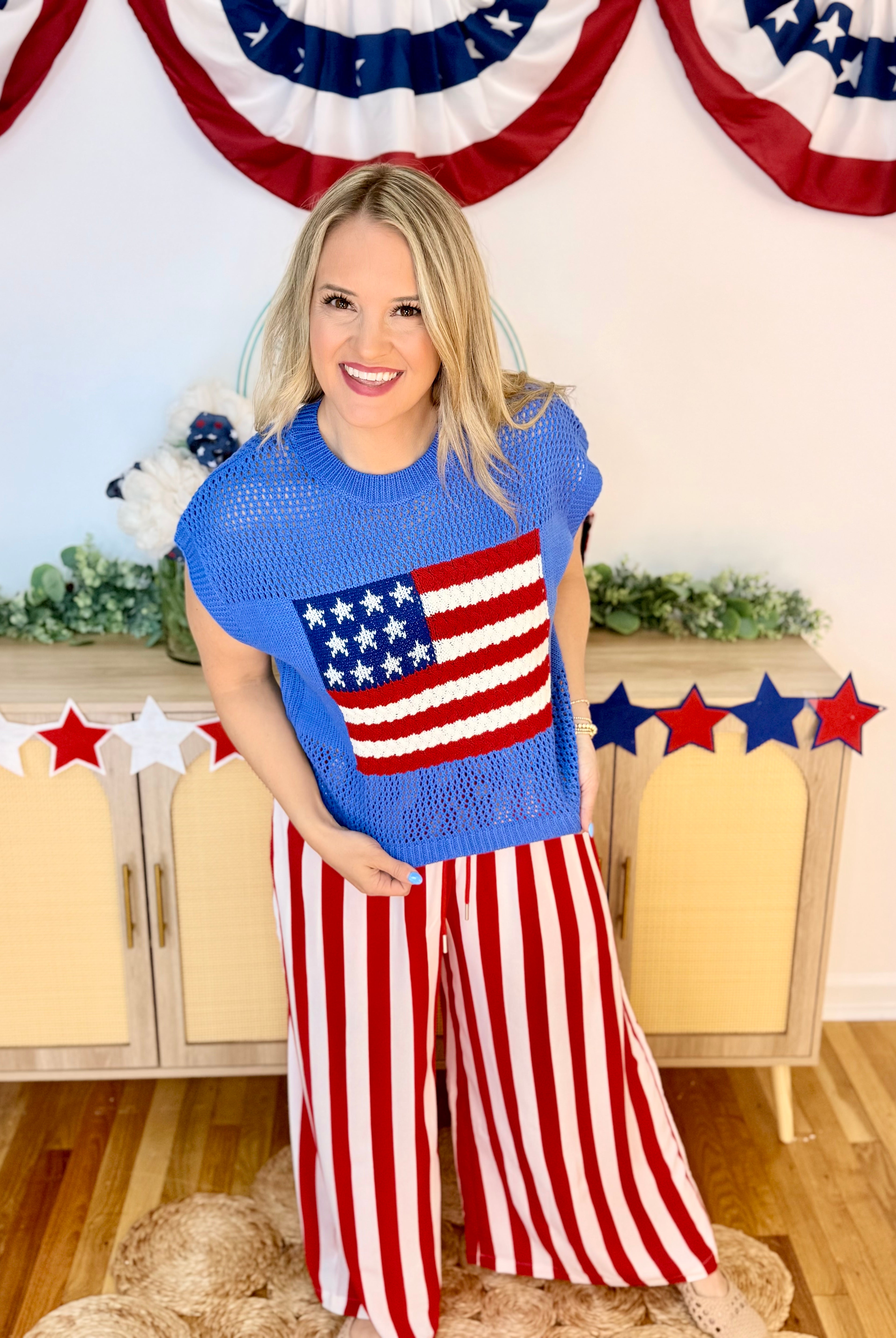 American Flag Open Stitch Top-120 Sleeveless Tops-Anniewear-The Lovely Closet, Women's Fashion Boutique in Alexandria, KY