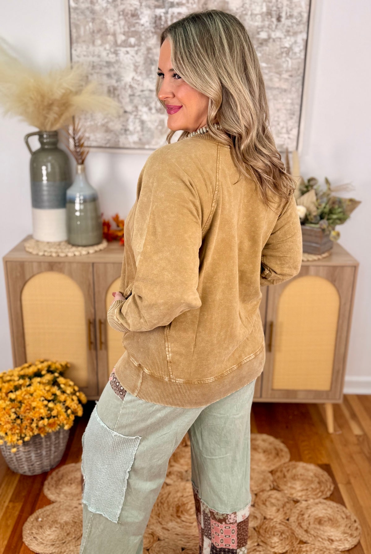 Run Around Acid Wash Pullover - Camel-150 Sweatshirts-The Lovely Closet-The Lovely Closet, Women's Fashion Boutique in Alexandria, KY