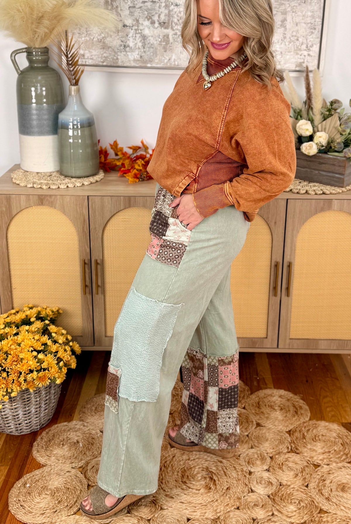 Sage & Soul Mineral Washed Patchwork Pants-110 Long Sleeve Top-jHer-The Lovely Closet, Women's Fashion Boutique in Alexandria, KY