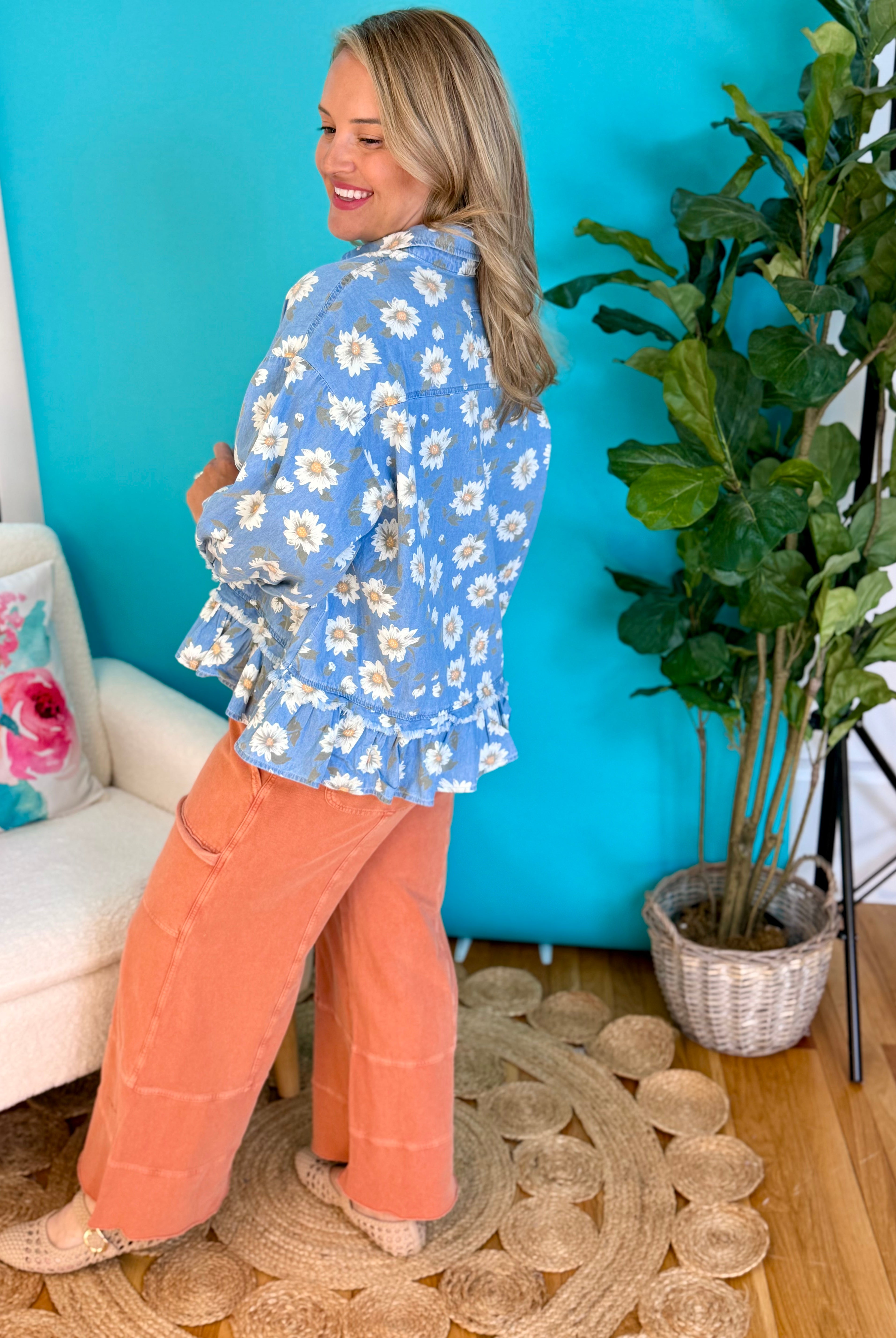 Daisy Print Denim Top-110 Long Sleeve Top-easel-The Lovely Closet, Women's Fashion Boutique in Alexandria, KY