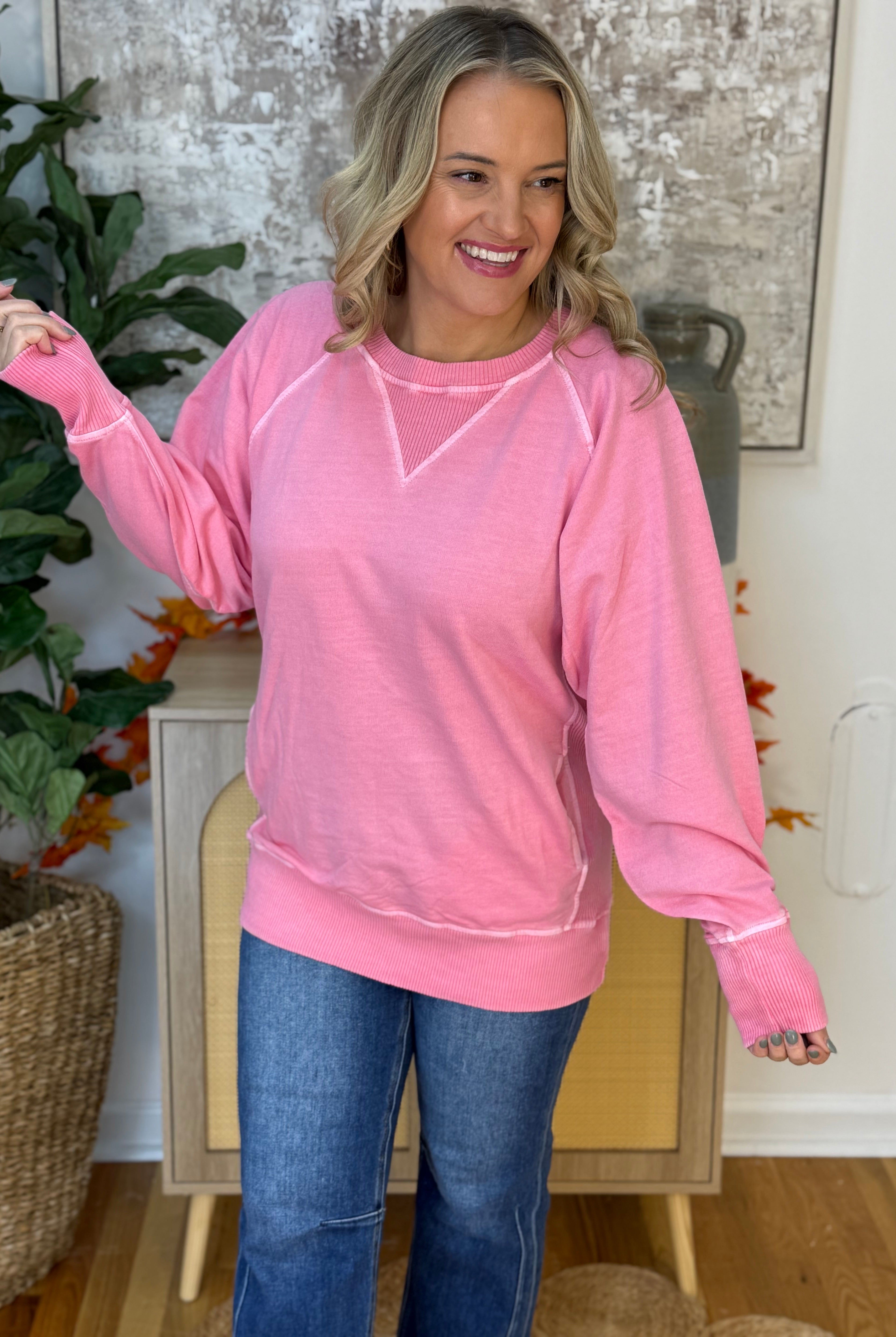 Keeping it Casual Pullover 2025 -Candy Pink-150 Sweatshirts-zenana-The Lovely Closet, Women's Fashion Boutique in Alexandria, KY