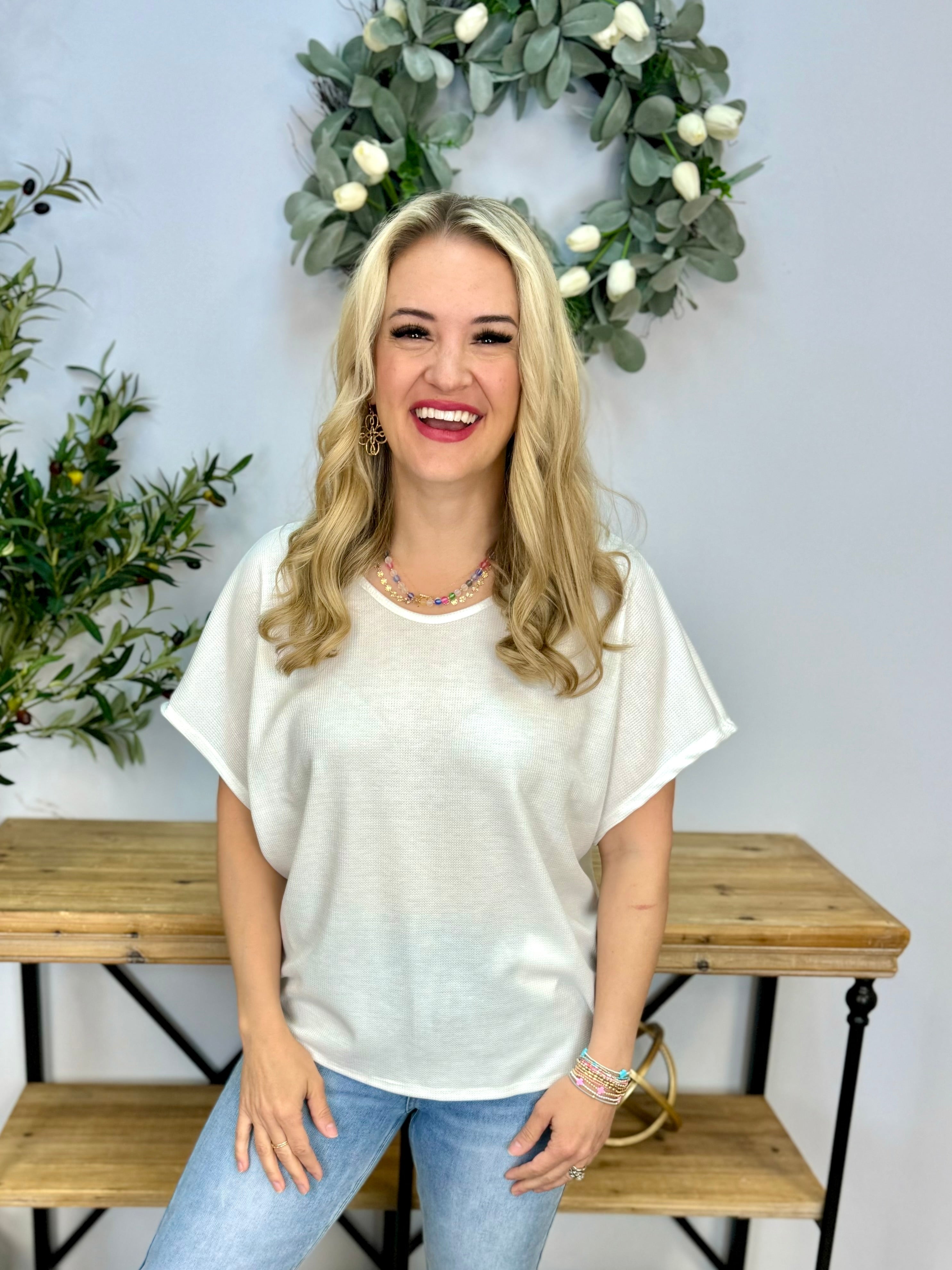 FINAL SALE - Choose Happy Micro Waffle Knit Top - White-100 Short Sleeve Tops-The Lovely Closet-The Lovely Closet, Women's Fashion Boutique in Alexandria, KY