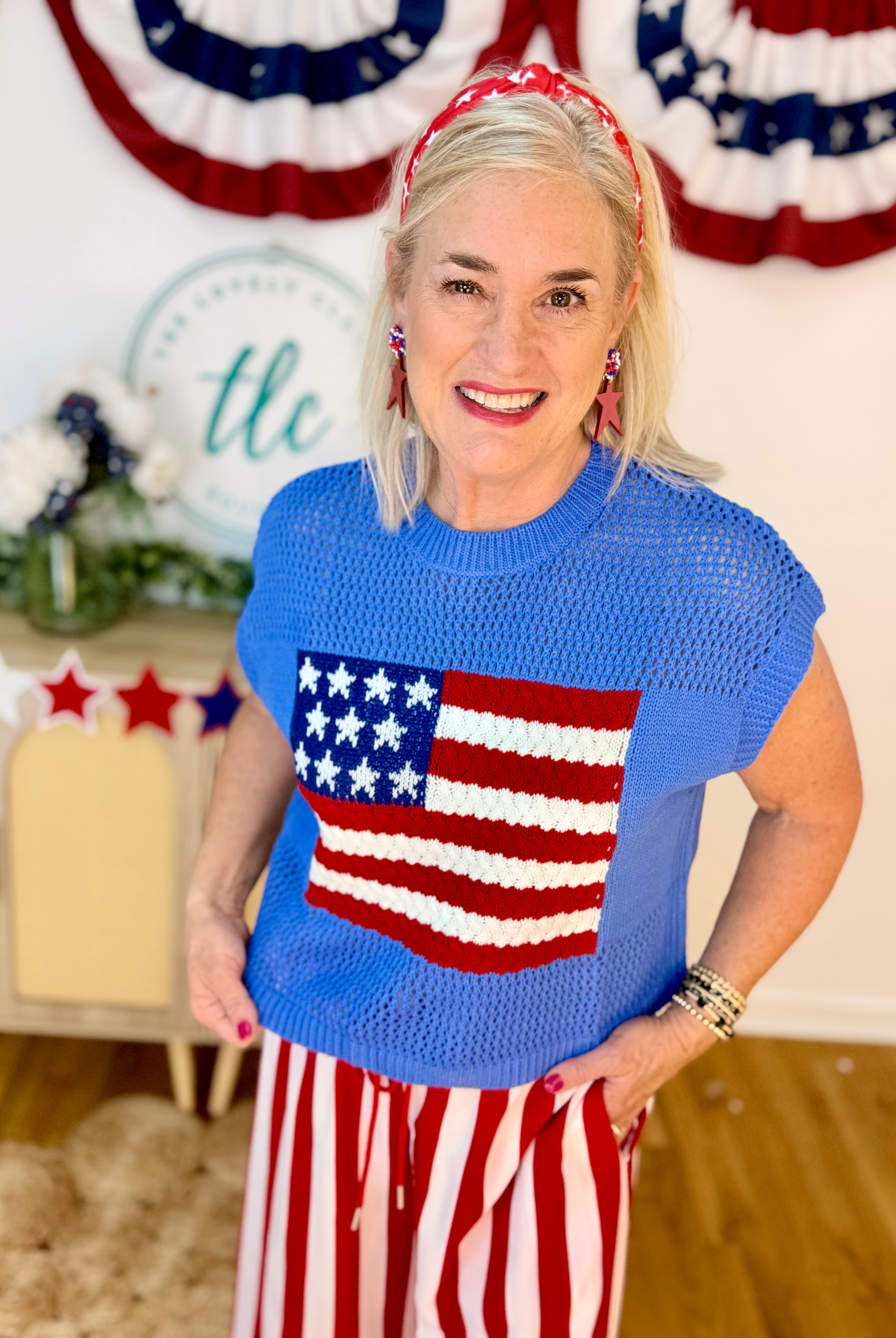 American Flag Open Stitch Top-120 Sleeveless Tops-Anniewear-The Lovely Closet, Women's Fashion Boutique in Alexandria, KY