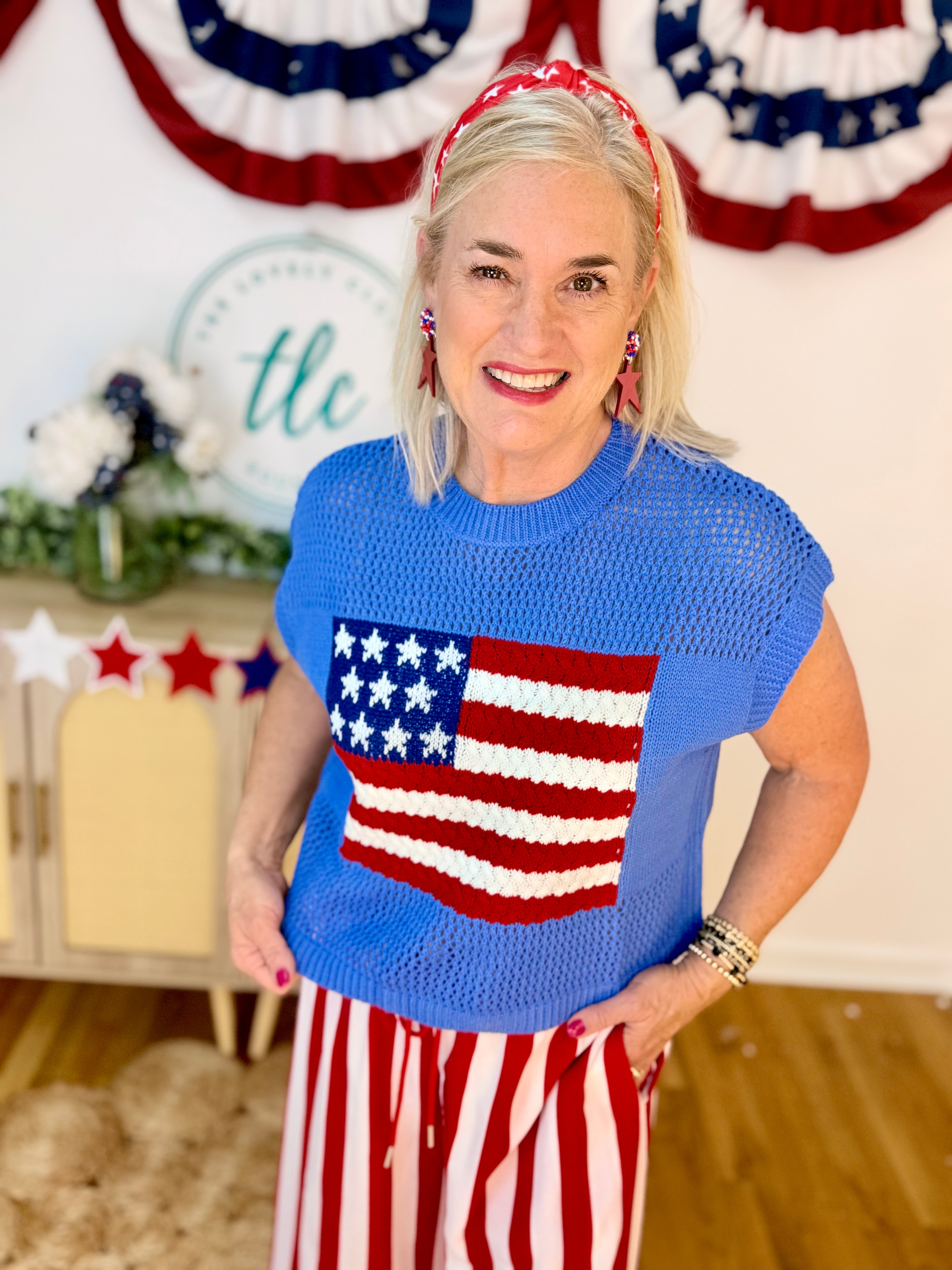 American Flag Open Stitch Top-120 Sleeveless Tops-Anniewear-The Lovely Closet, Women's Fashion Boutique in Alexandria, KY