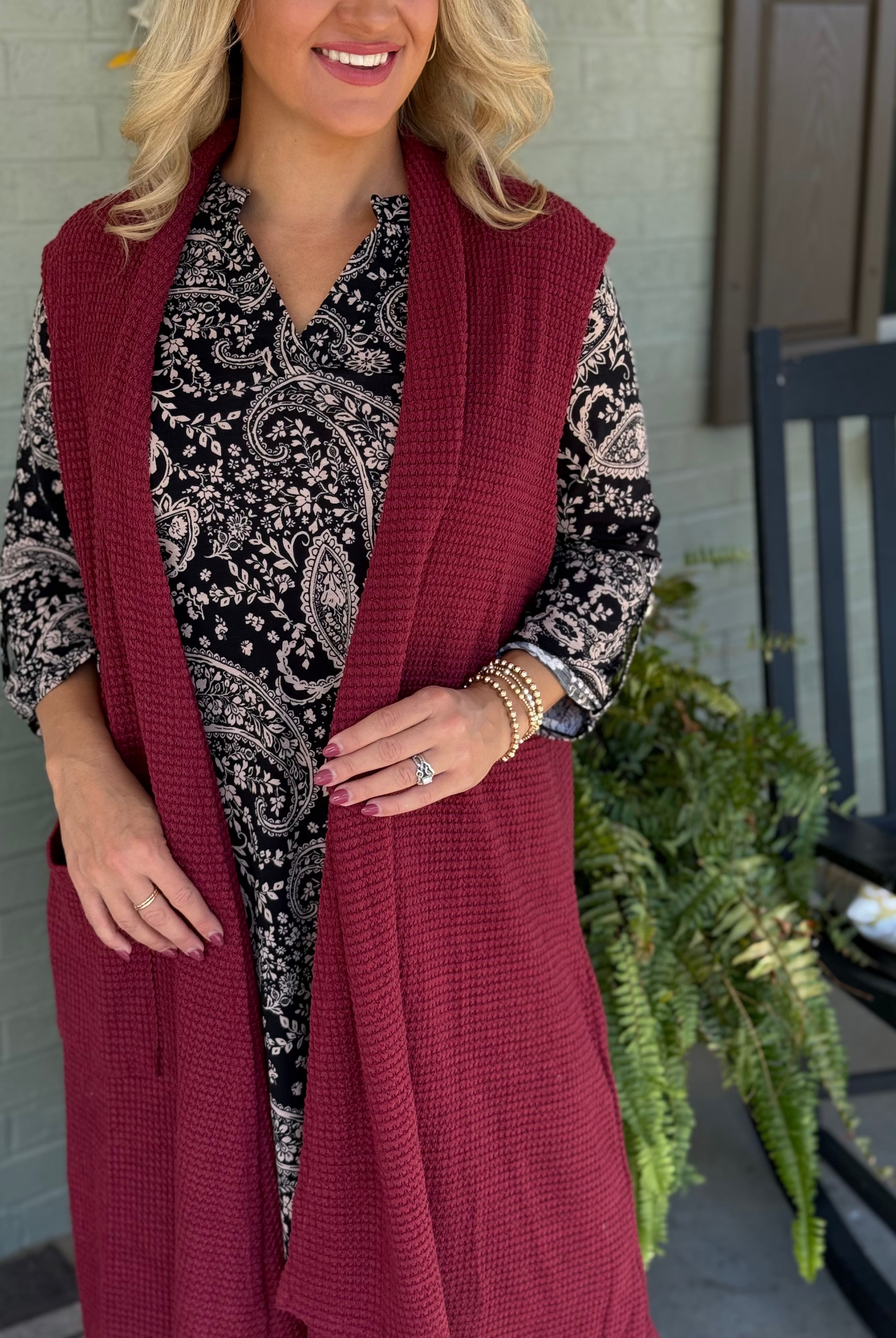 FINAL SALE - Chill in the Air Midi Vest - Wine-160 Cardigan/Kimonos-Dear Scarlett-The Lovely Closet, Women's Fashion Boutique in Alexandria, KY