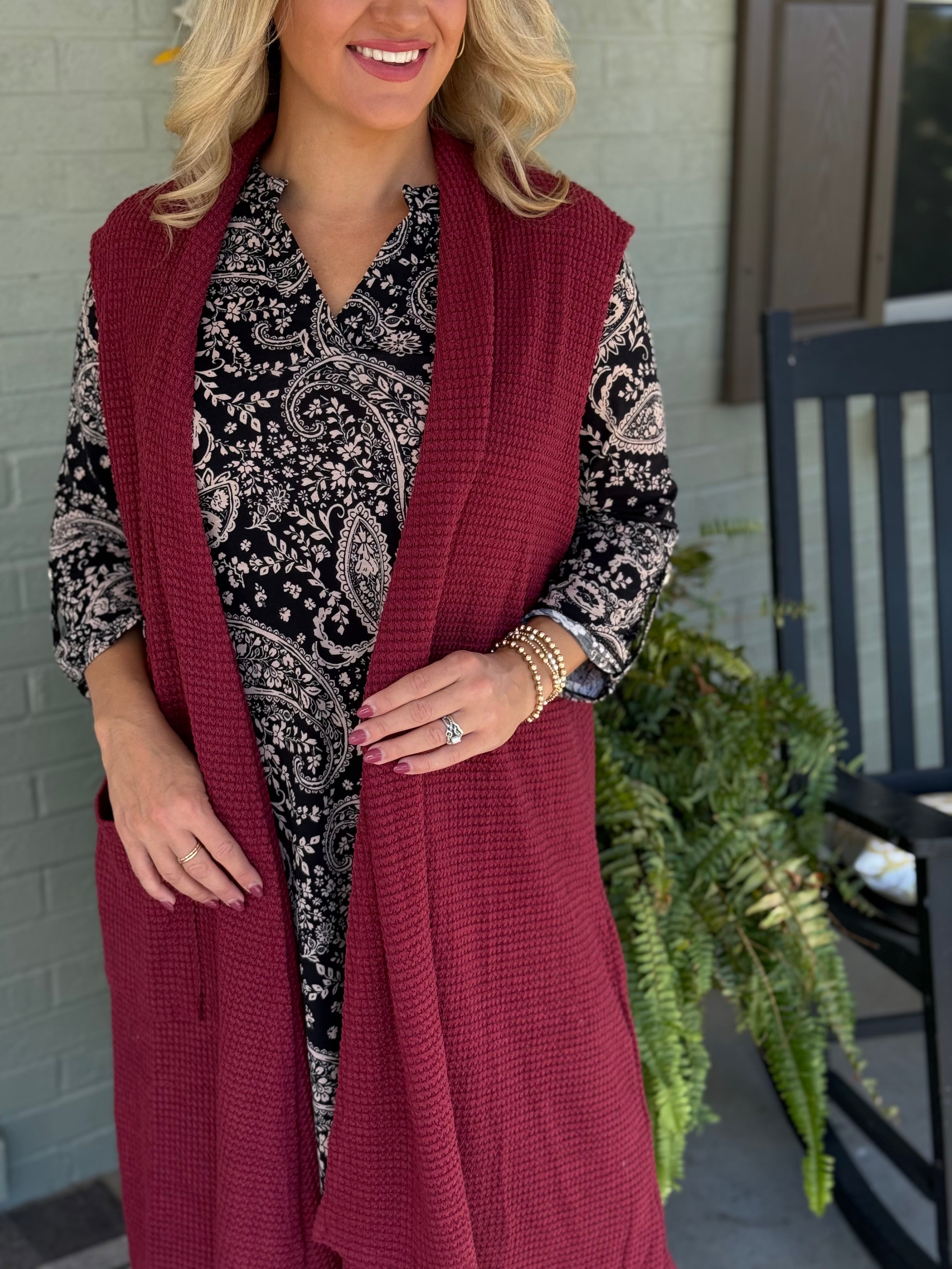 FINAL SALE - Chill in the Air Midi Vest - Wine-160 Cardigan/Kimonos-Dear Scarlett-The Lovely Closet, Women's Fashion Boutique in Alexandria, KY