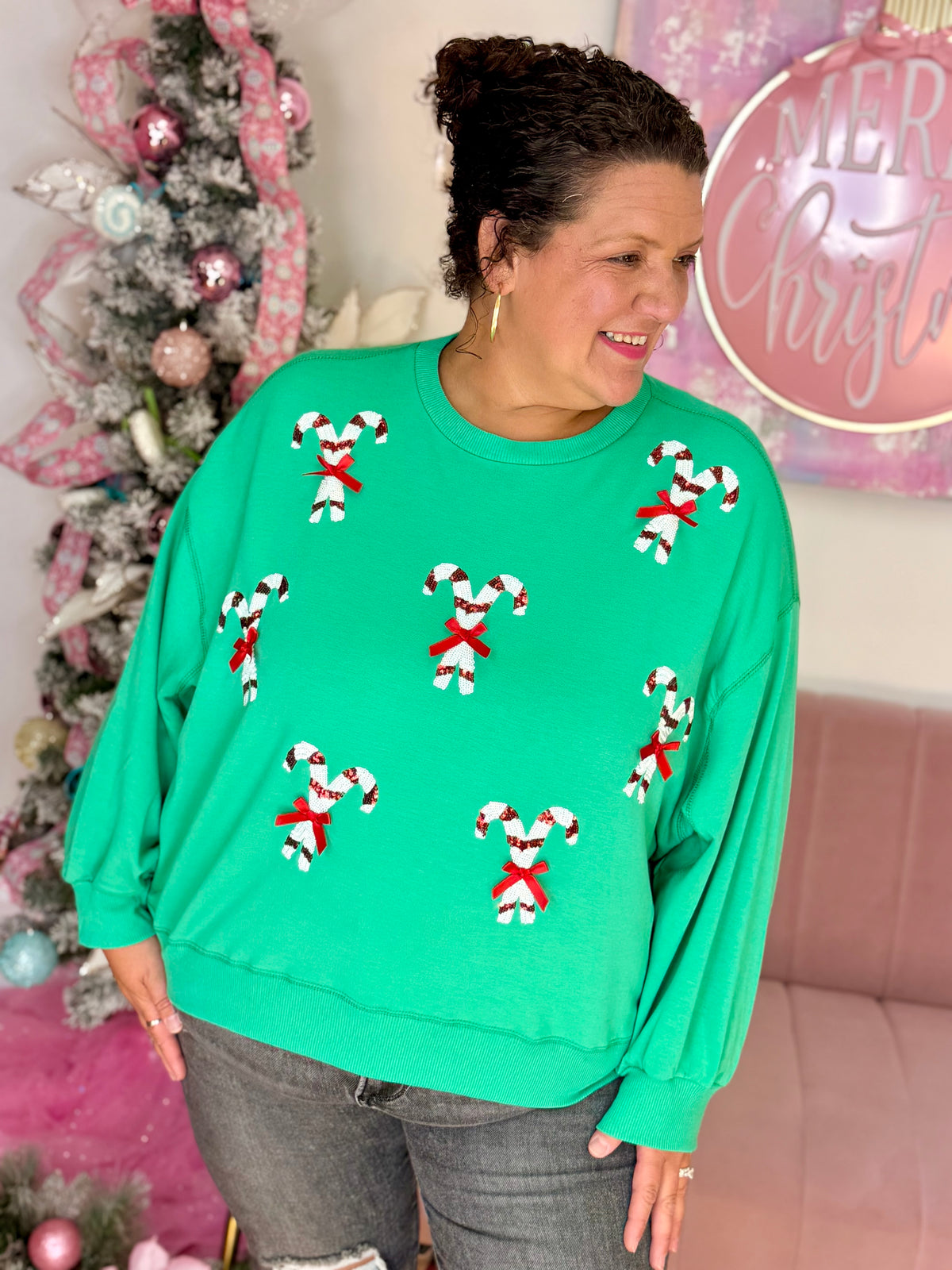 Millie Candy Canes Sweatshirt-110 Long Sleeve Top-Mary square-The Lovely Closet, Women's Fashion Boutique in Alexandria, KY