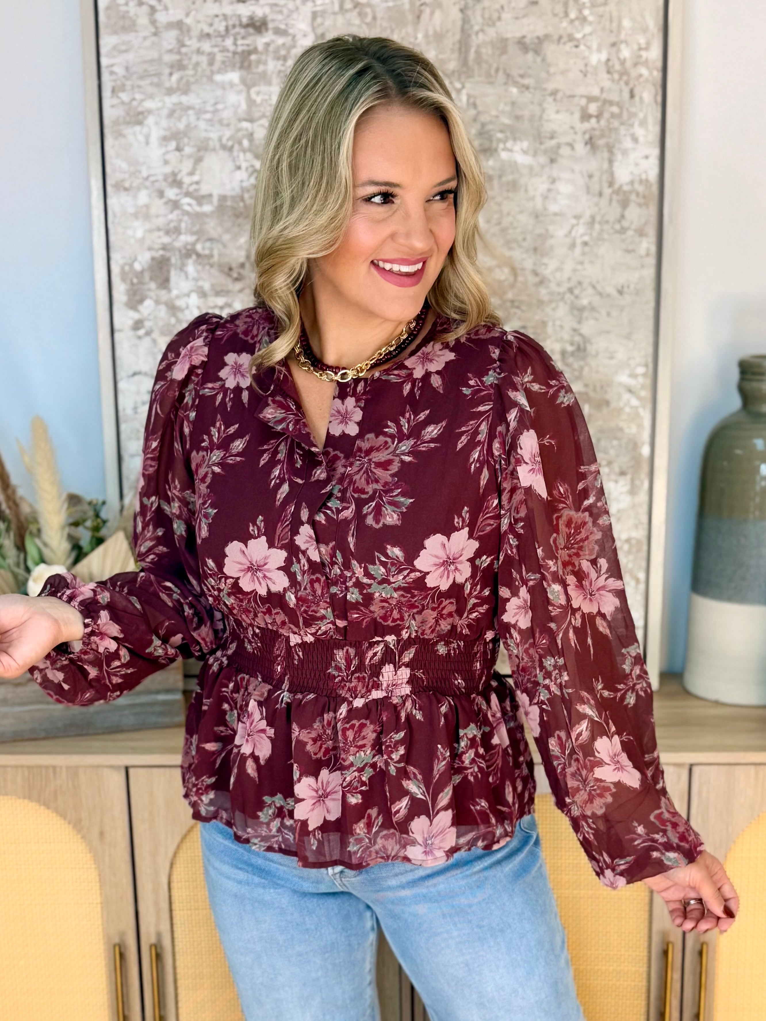 Cabernet Crush Blouse-110 Long Sleeve Top-She + Sky-The Lovely Closet, Women's Fashion Boutique in Alexandria, KY
