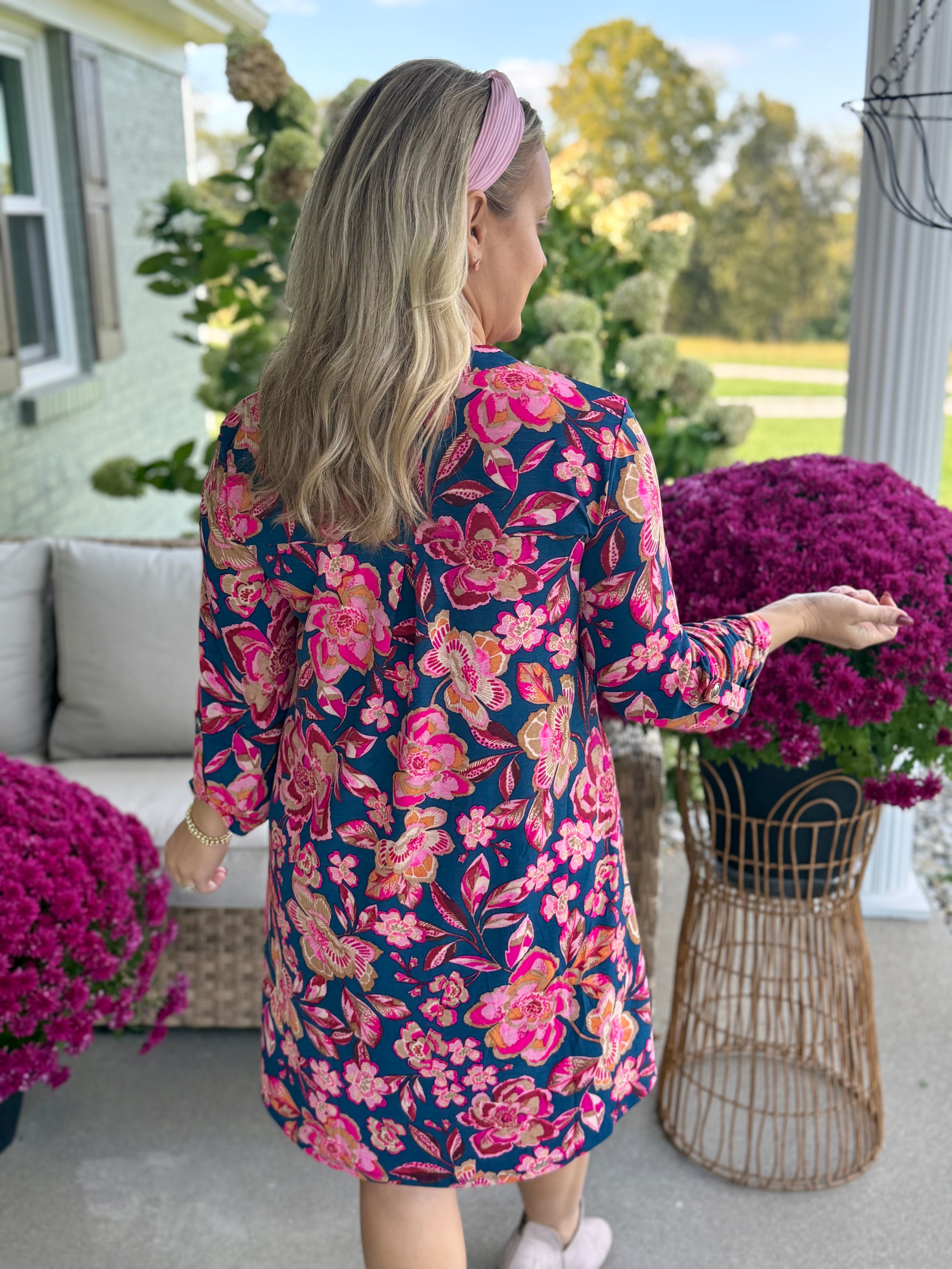 Everly Essential Dress - Pink & Teal Print-180 Dresses-Donation Pink-The Lovely Closet, Women's Fashion Boutique in Alexandria, KY