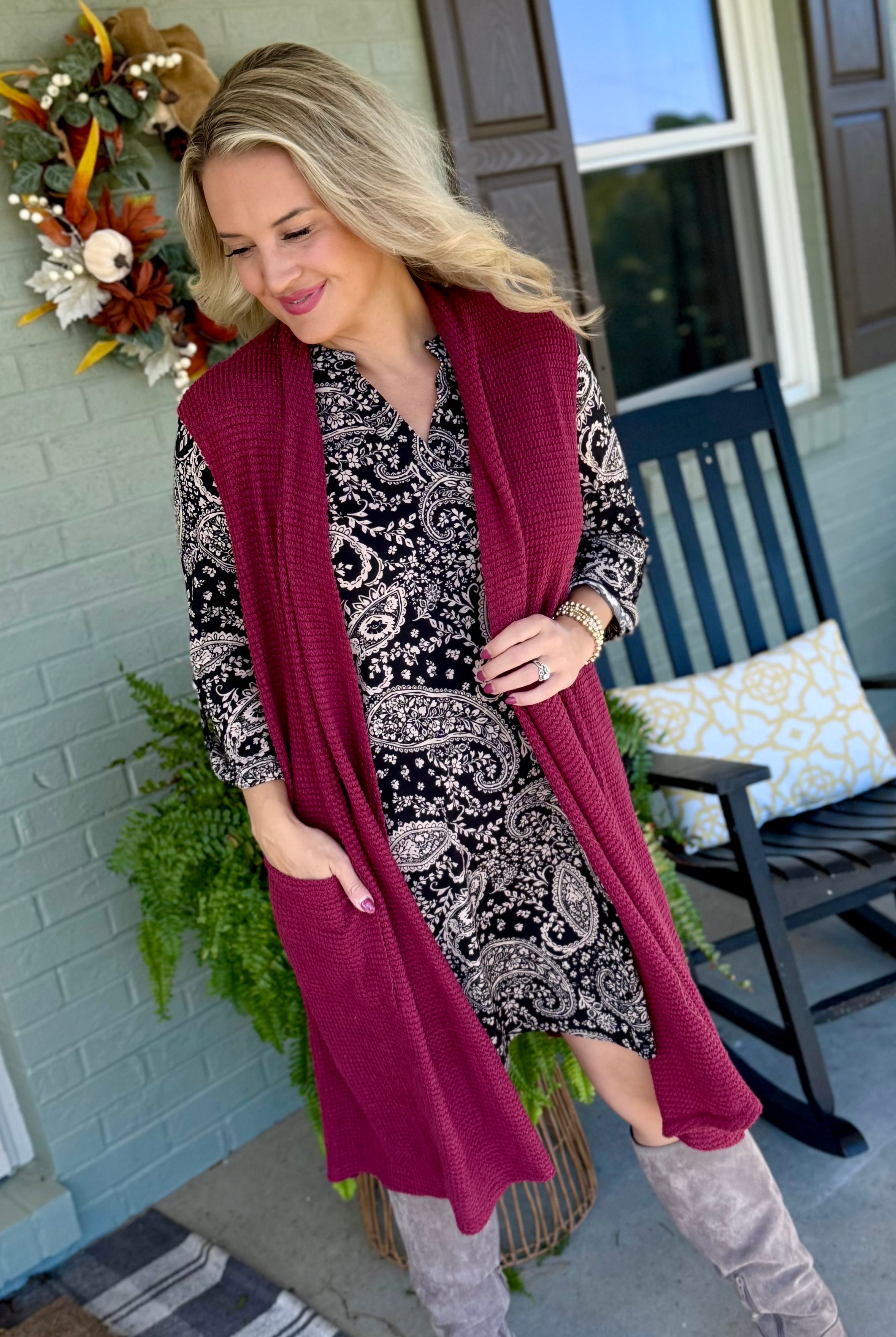 FINAL SALE - Chill in the Air Midi Vest - Wine-160 Cardigan/Kimonos-Dear Scarlett-The Lovely Closet, Women's Fashion Boutique in Alexandria, KY