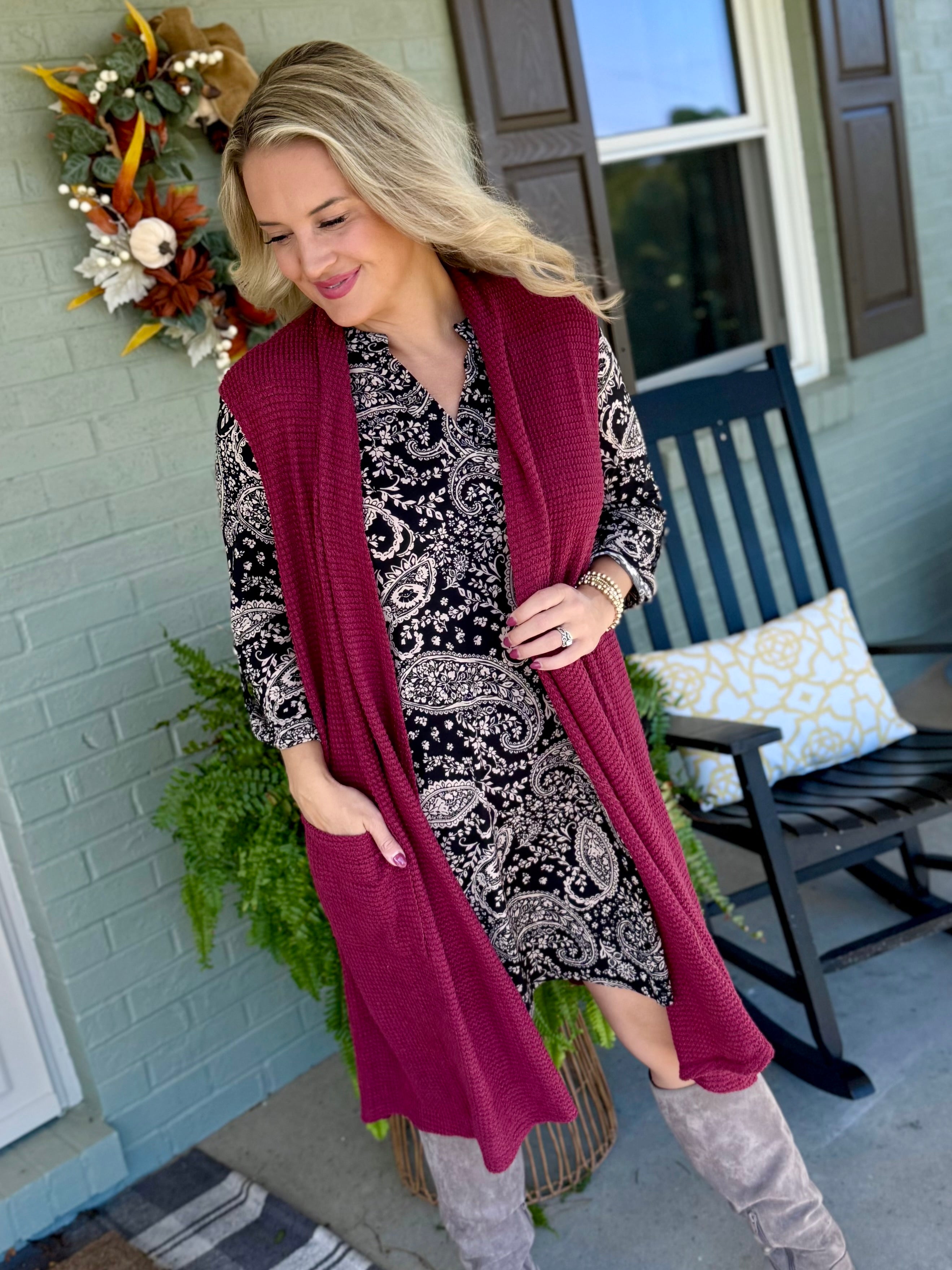 FINAL SALE - Chill in the Air Midi Vest - Wine-160 Cardigan/Kimonos-Dear Scarlett-The Lovely Closet, Women's Fashion Boutique in Alexandria, KY