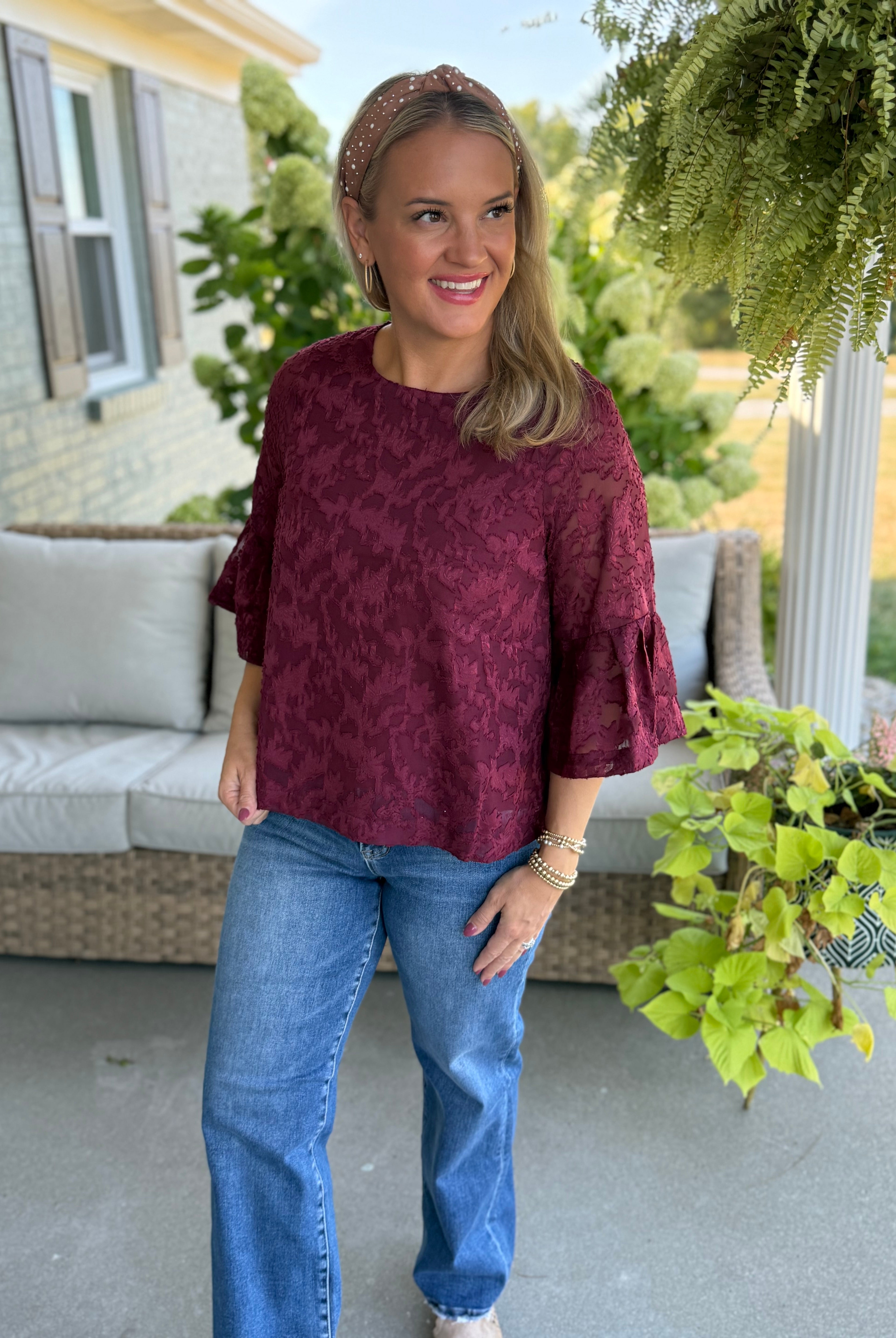 September Stroll Jacquard Bell Sleeve Chiffon Blouse-100 Short Sleeve Tops-Anniewear-The Lovely Closet, Women's Fashion Boutique in Alexandria, KY