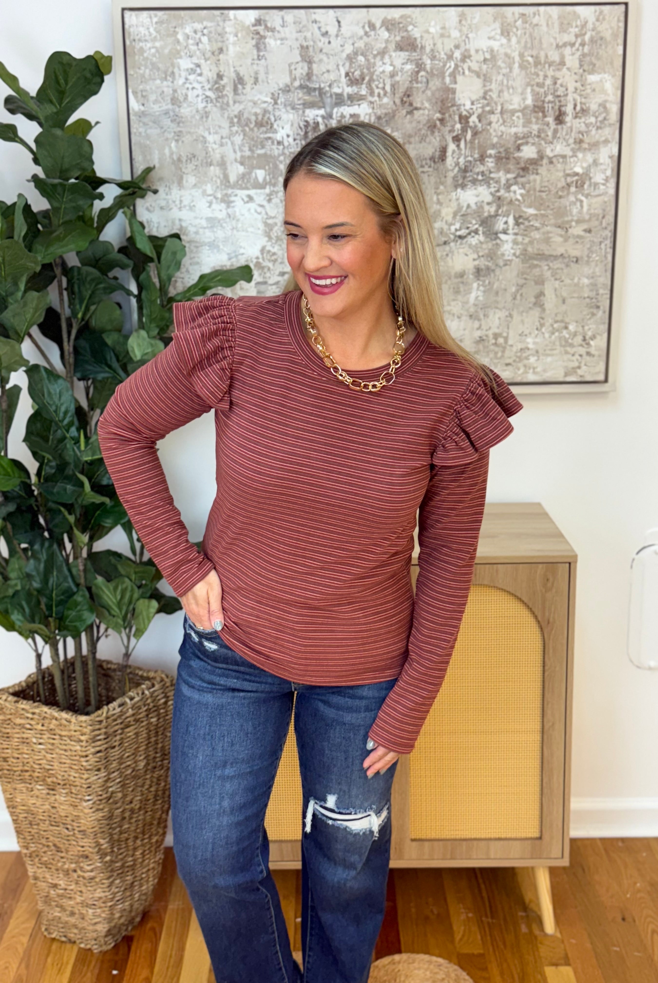 Brushed Stripe Ruffle Shoulder Top-110 Long Sleeve Top-Anniewear-The Lovely Closet, Women's Fashion Boutique in Alexandria, KY