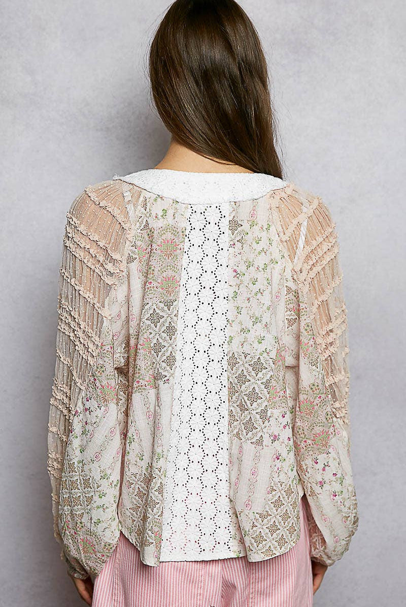 Long Sleeve Lace Contrast Printed Woven Top-110 Long Sleeve Top-Pol Clothing-The Lovely Closet, Women's Fashion Boutique in Alexandria, KY
