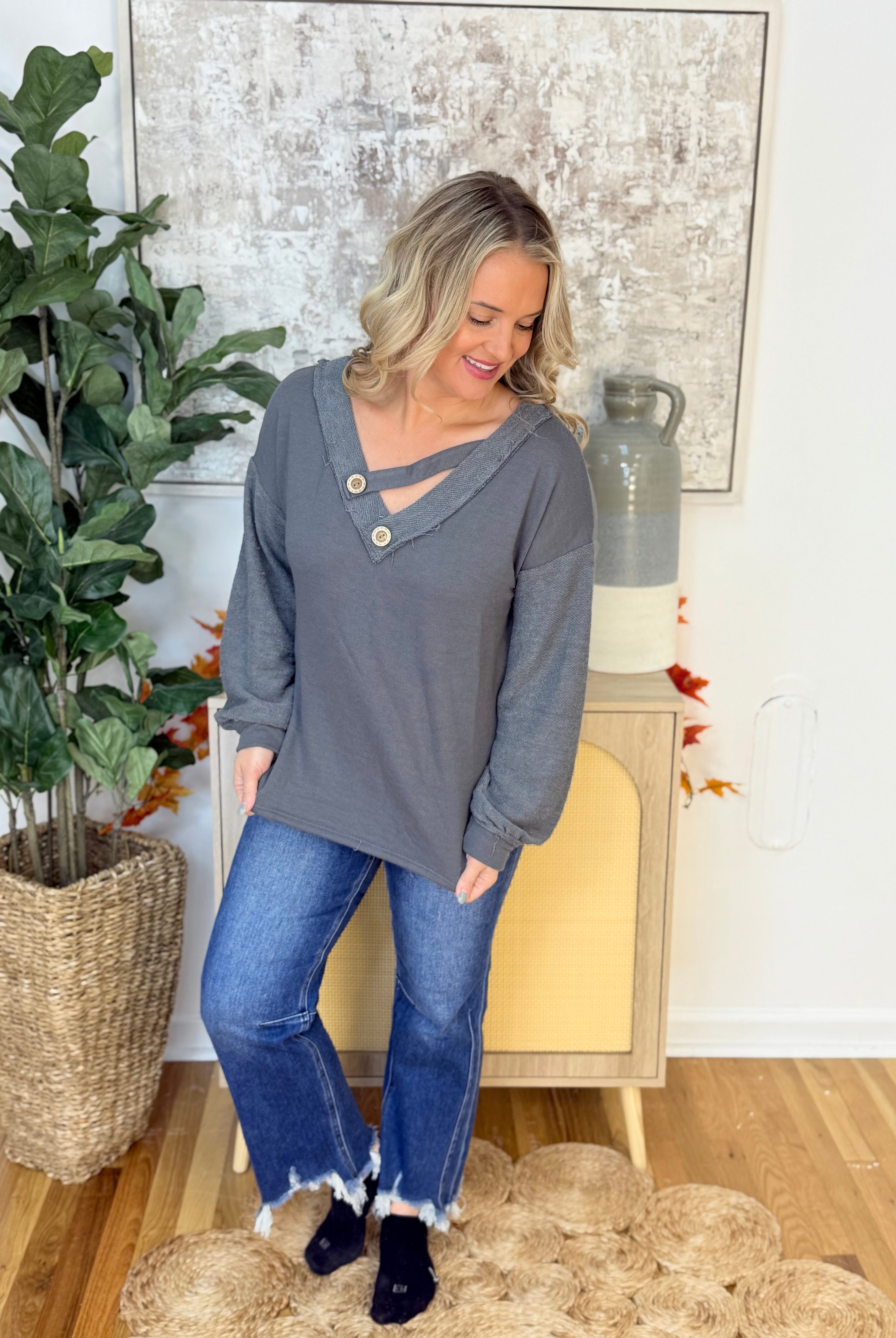 French Terry Knit Top with Double Band-110 Long Sleeve Top-bibi-The Lovely Closet, Women's Fashion Boutique in Alexandria, KY