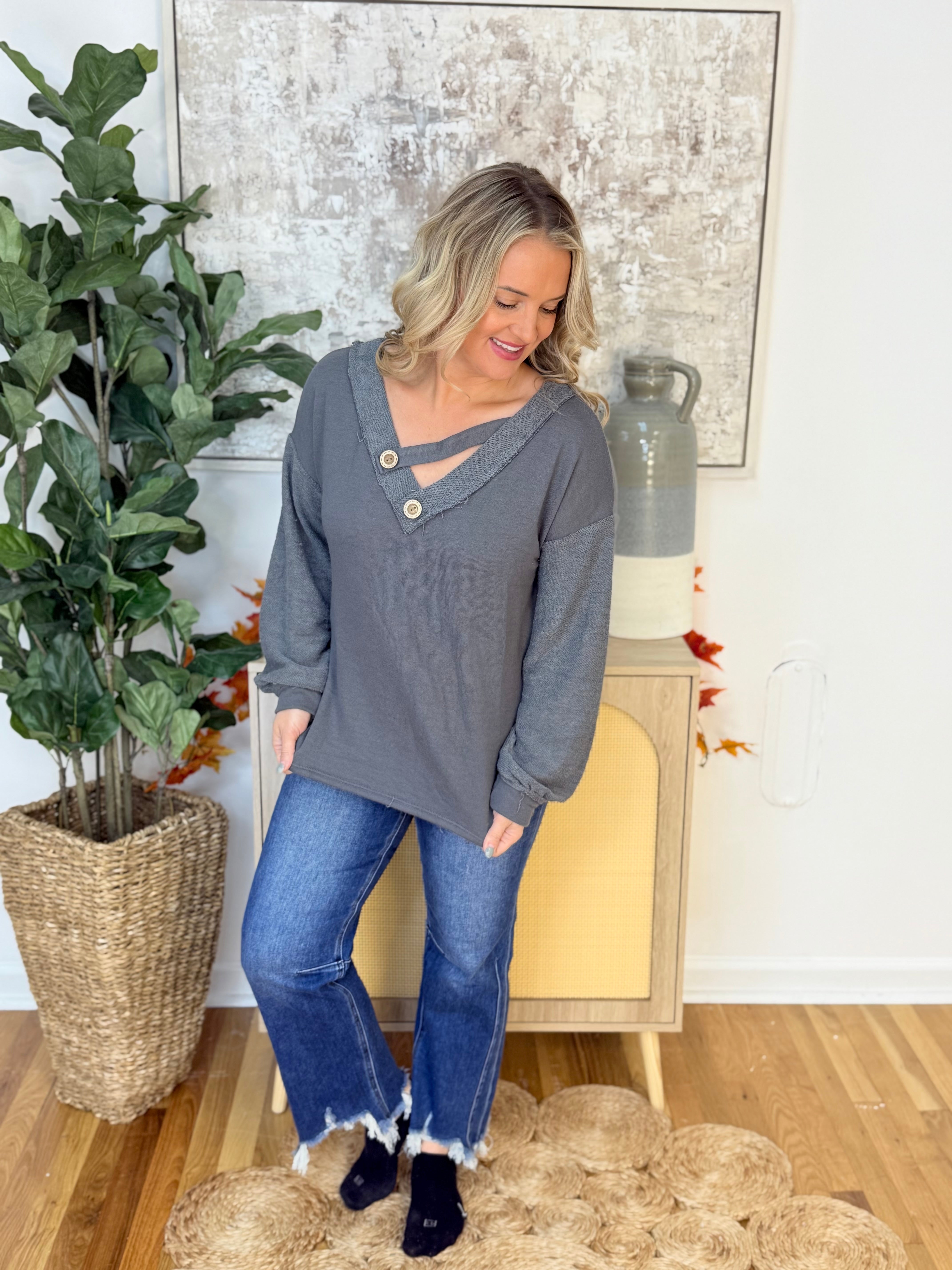 French Terry Knit Top with Double Band-110 Long Sleeve Top-bibi-The Lovely Closet, Women's Fashion Boutique in Alexandria, KY