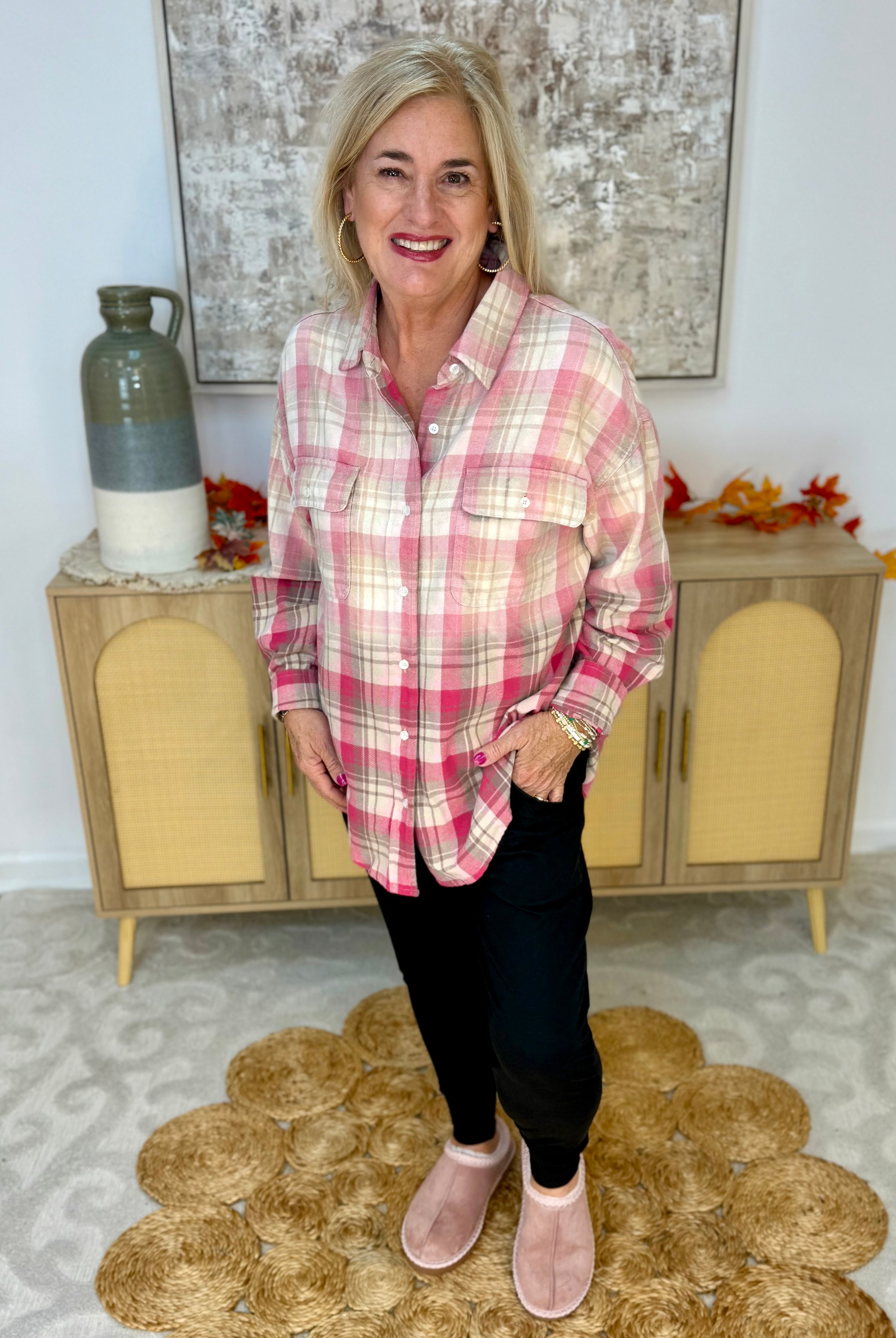 Pink Plaid Ombre Flannel Button Down-110 Long Sleeve Top-White Birch-The Lovely Closet, Women's Fashion Boutique in Alexandria, KY