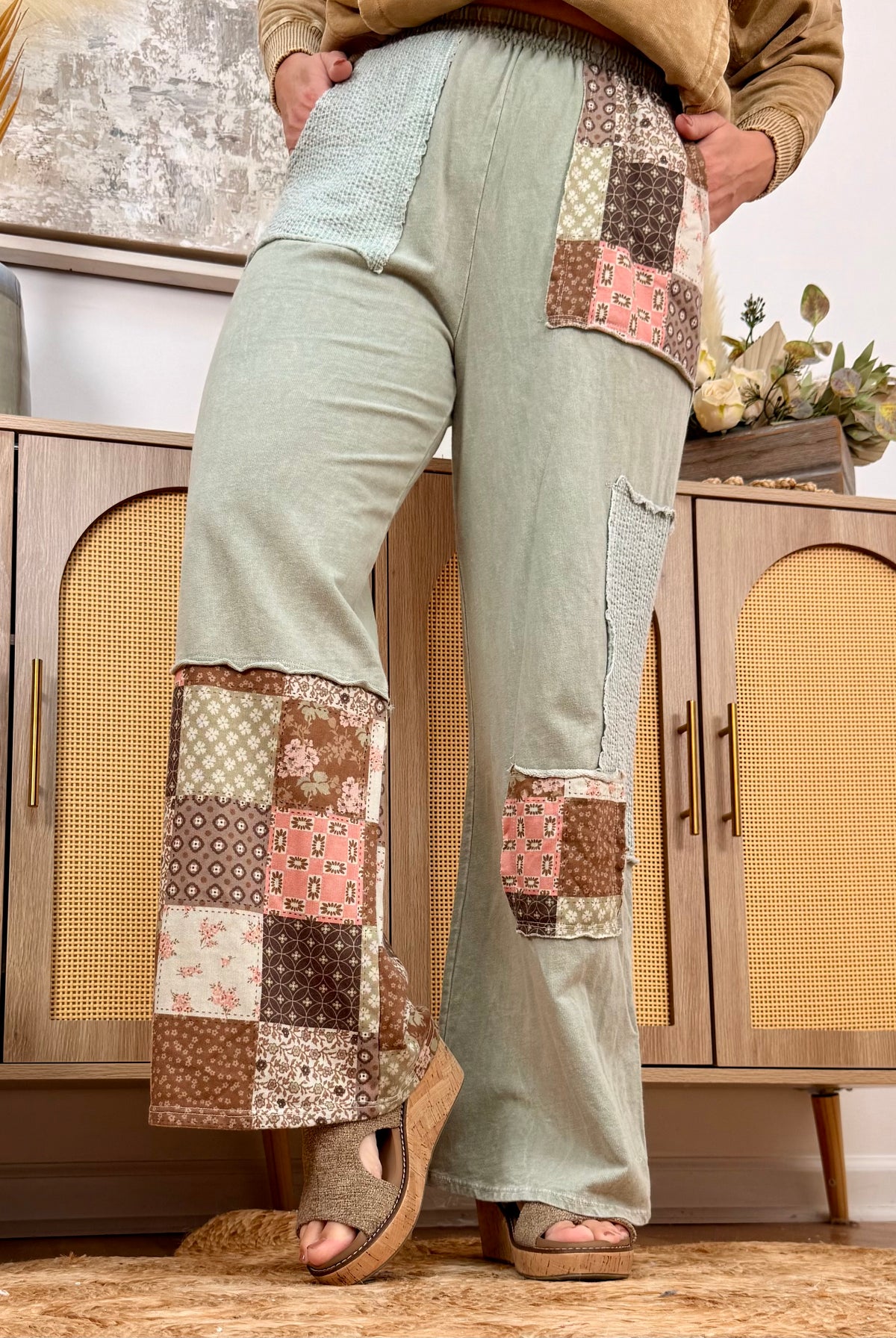 Sage & Soul Mineral Washed Patchwork Pants-110 Long Sleeve Top-jHer-The Lovely Closet, Women's Fashion Boutique in Alexandria, KY