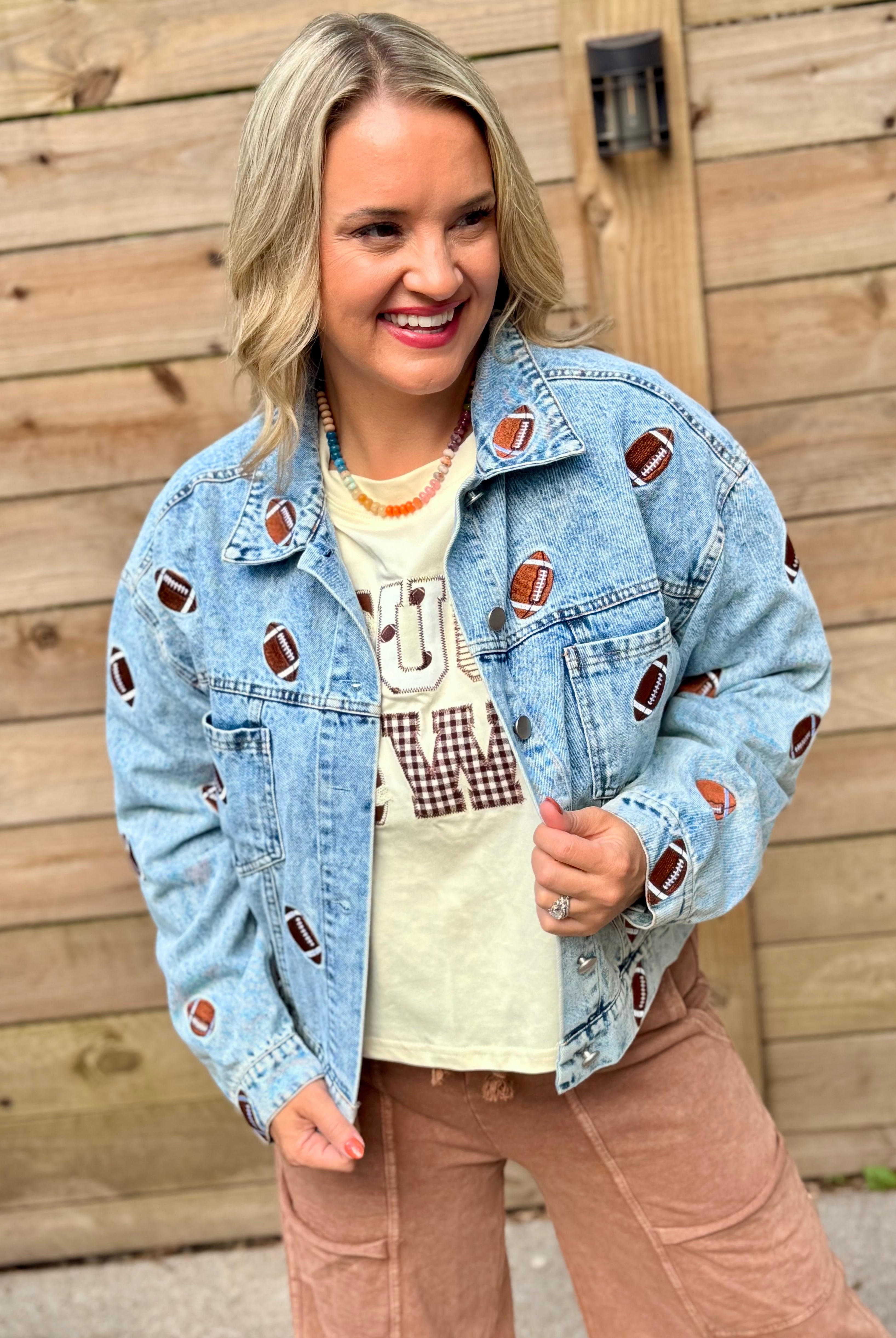 Football Fanatic Embroidered Denim Jacket-170 Jackets/Outerwear-The Lovely Closet-The Lovely Closet, Women's Fashion Boutique in Alexandria, KY