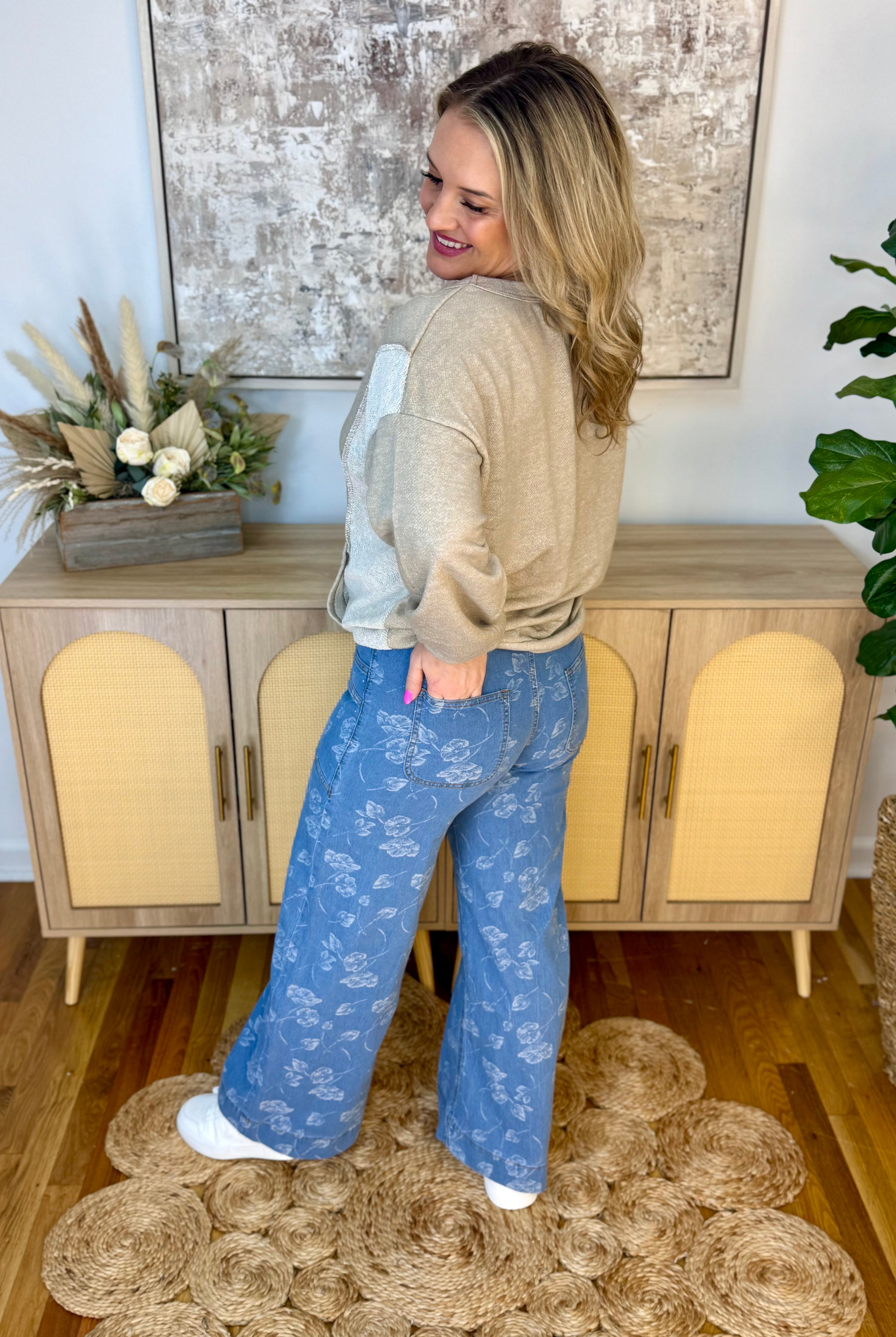 Floral Printed Denim Wide Leg Pants-240 Pants-The Lovely Closet-The Lovely Closet, Women's Fashion Boutique in Alexandria, KY