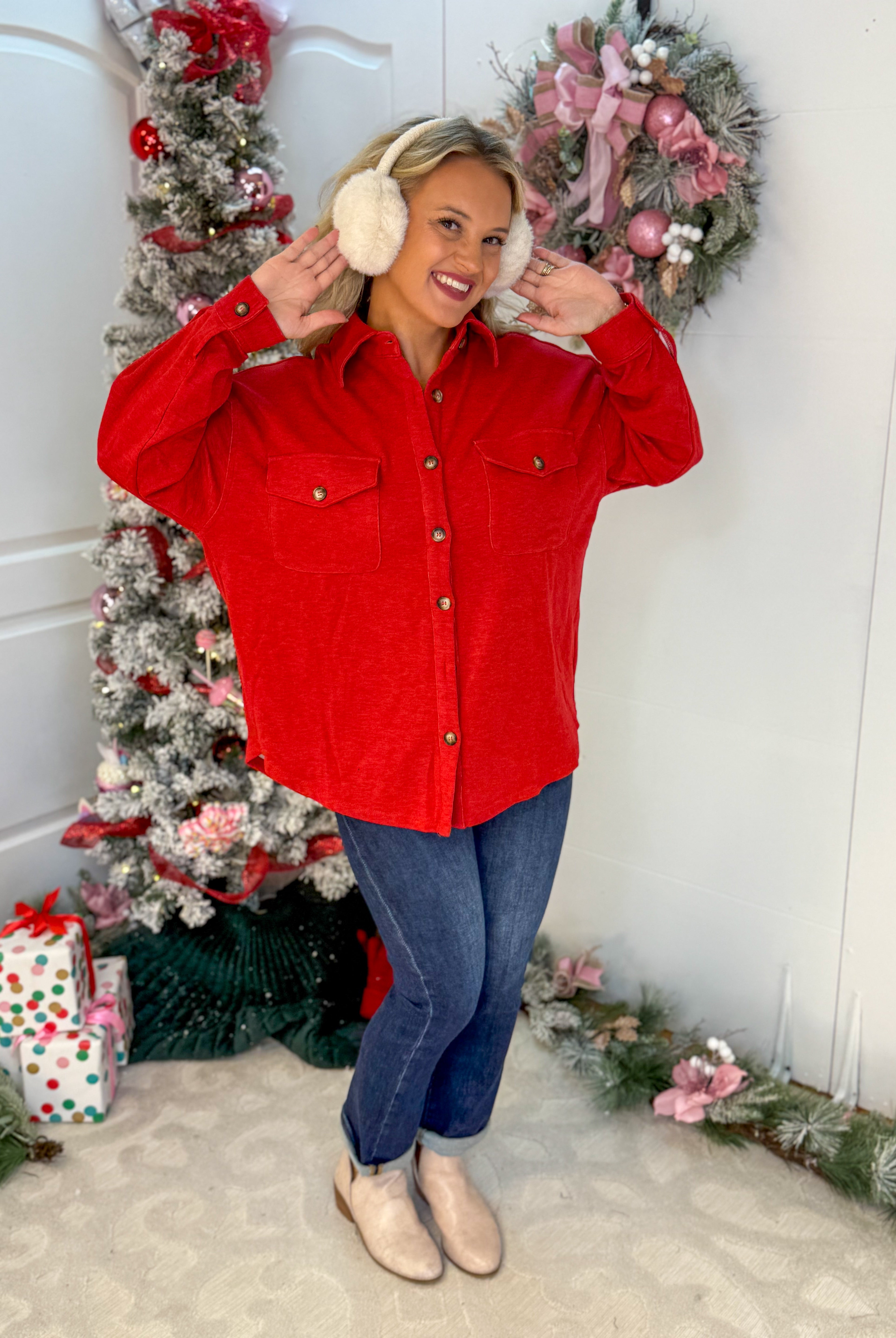 Cozy Season Button Down Shacket - Red-170 Jackets/Outerwear-White Birch-The Lovely Closet, Women's Fashion Boutique in Alexandria, KY