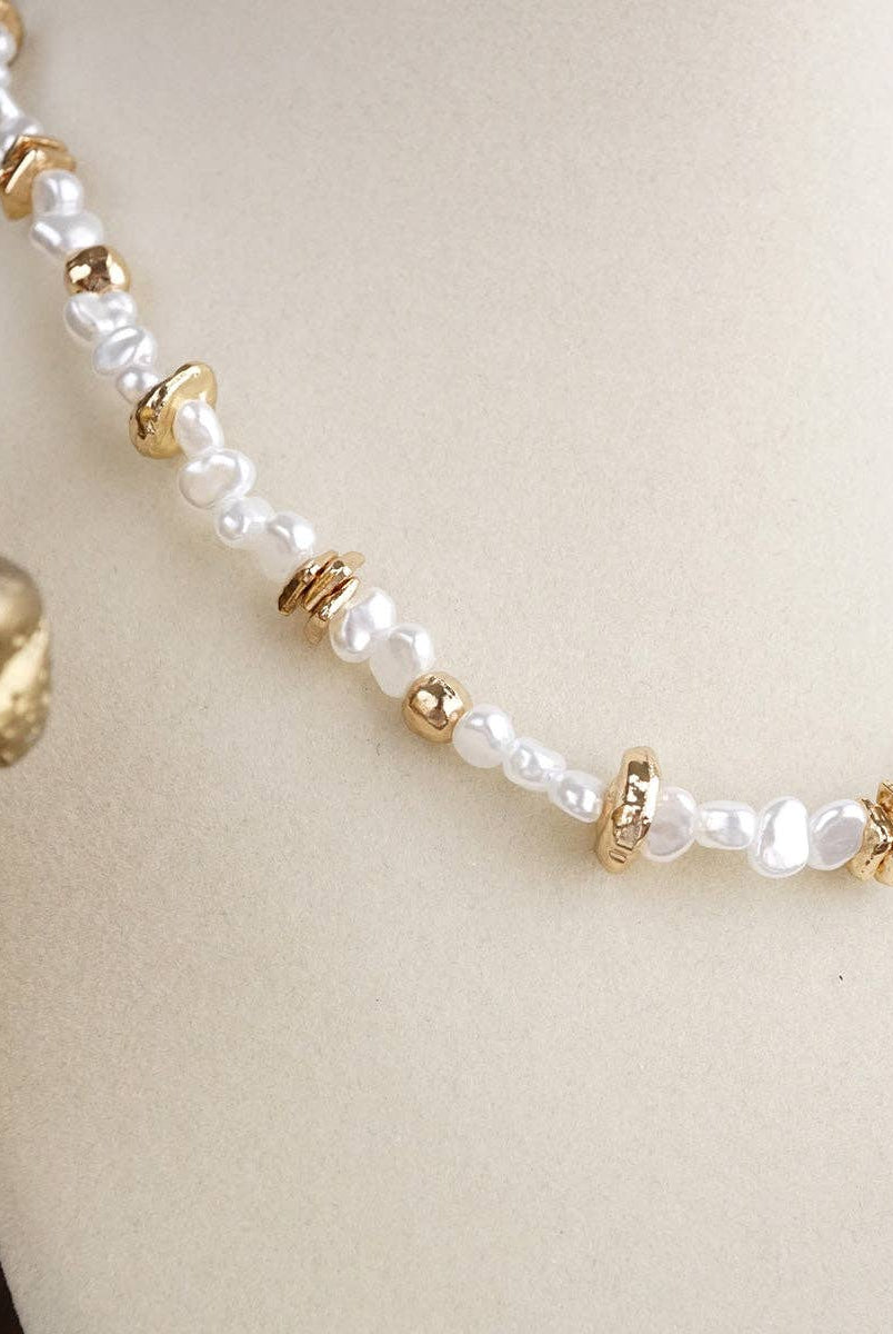 Golden Drift – Dainty Necklace with Faux Pearls and Nugget Beads-250 Jewelry-PennyLine inc-The Lovely Closet, Women's Fashion Boutique in Alexandria, KY