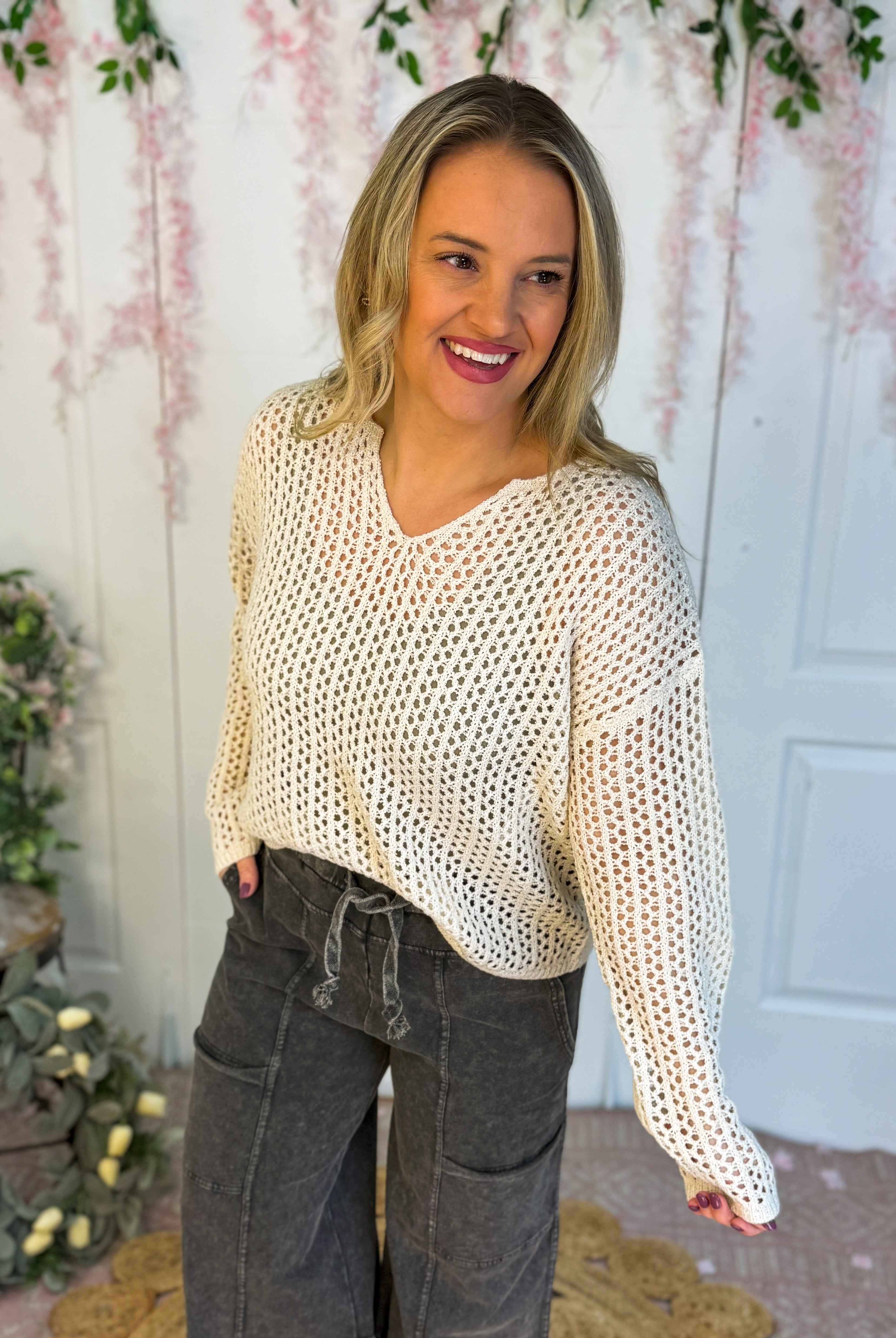 Open Knit Sweater - Oatmeal-140 Sweaters-The Lovely Closet-The Lovely Closet, Women's Fashion Boutique in Alexandria, KY