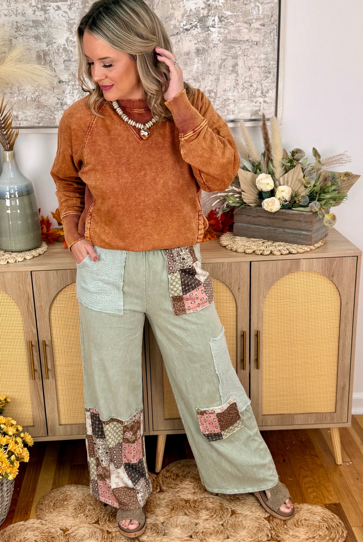 Sage & Soul Mineral Washed Patchwork Pants-110 Long Sleeve Top-jHer-The Lovely Closet, Women's Fashion Boutique in Alexandria, KY