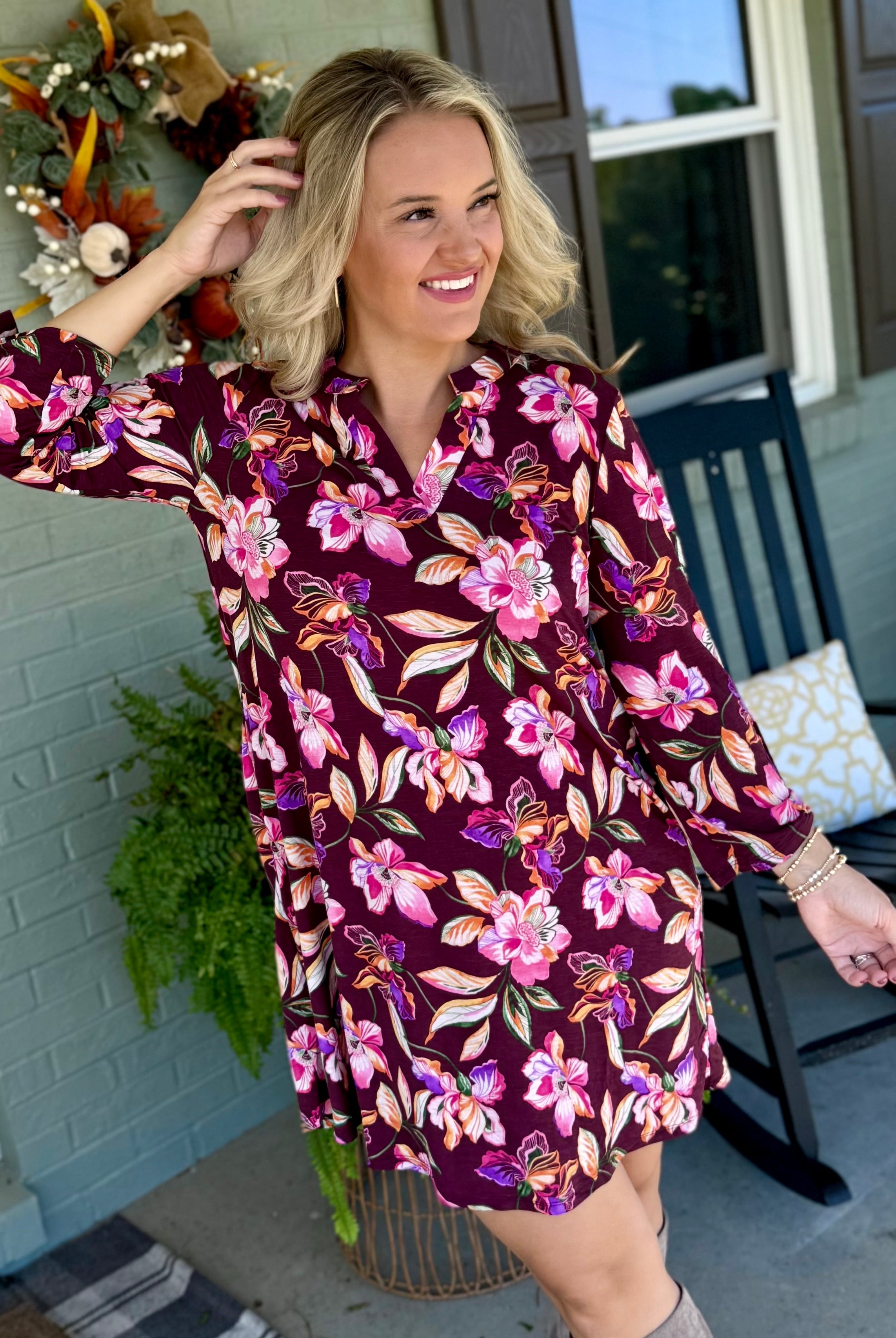 Everly Essential Dress - Deep Plum Floral Print-180 Dresses-Dear Scarlett-The Lovely Closet, Women's Fashion Boutique in Alexandria, KY
