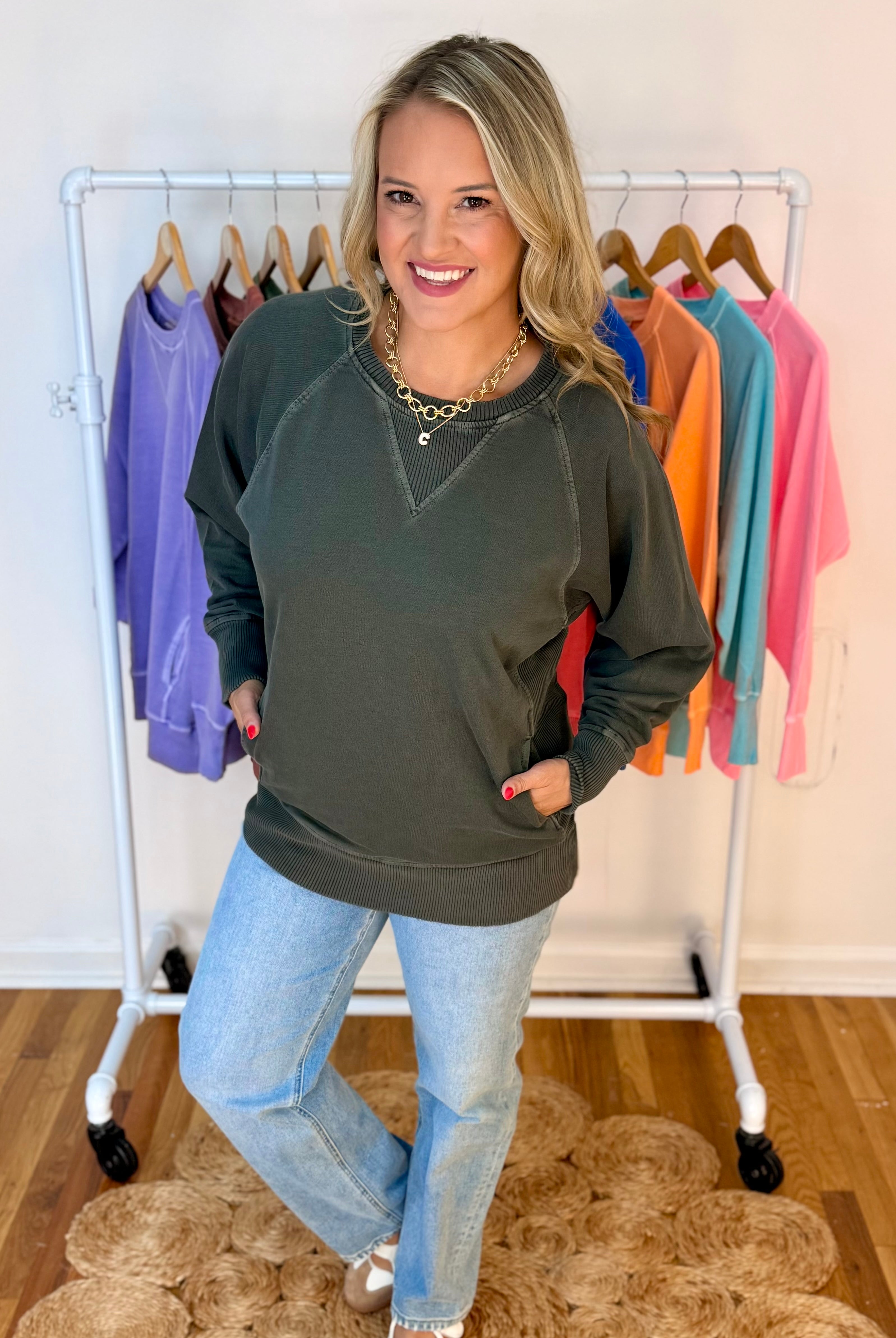 Keeping it Casual Pullover 2026 - Washed Black-150 Sweatshirts-zenana-The Lovely Closet, Women's Fashion Boutique in Alexandria, KY