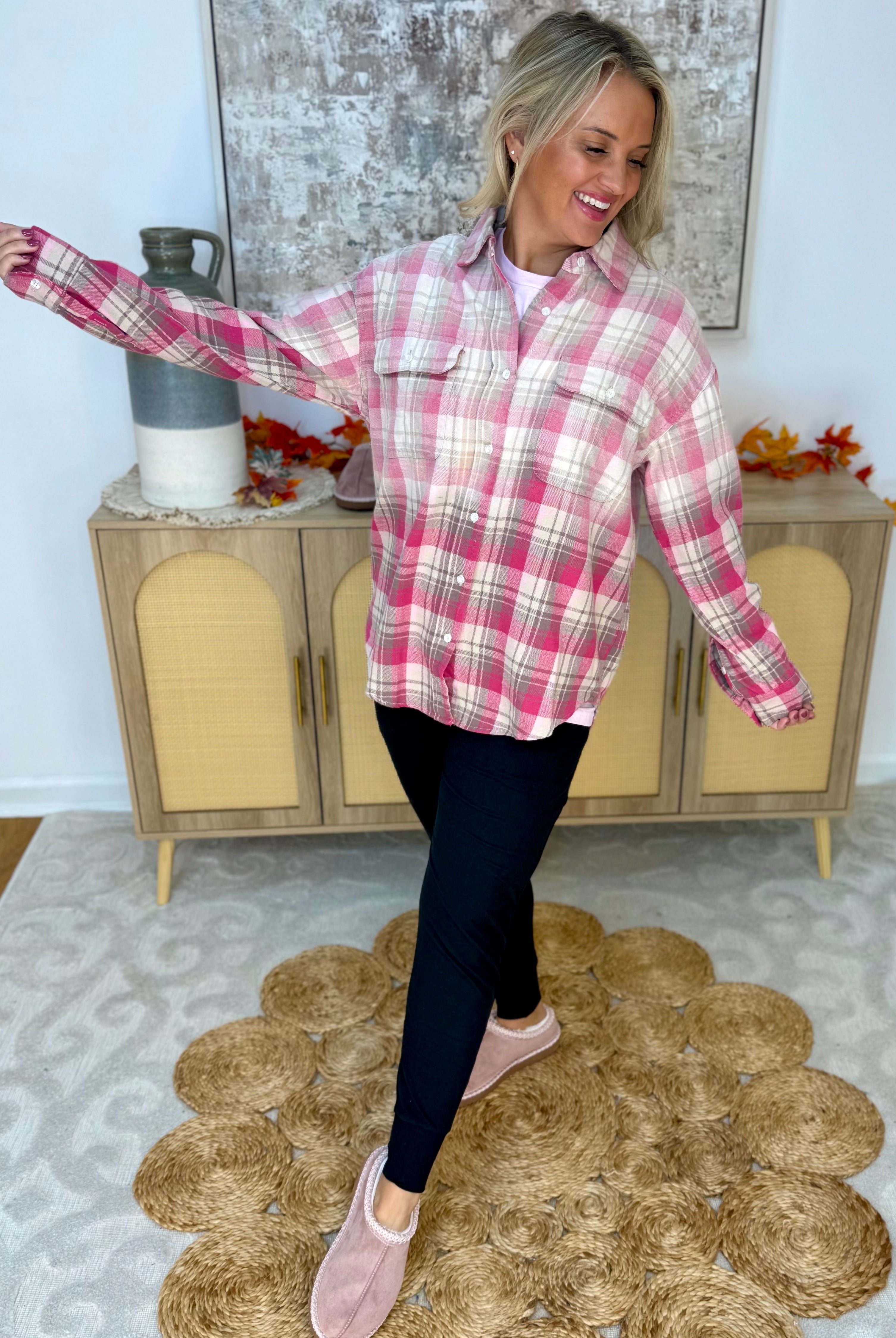 Pink Plaid Ombre Flannel Button Down-110 Long Sleeve Top-White Birch-The Lovely Closet, Women's Fashion Boutique in Alexandria, KY