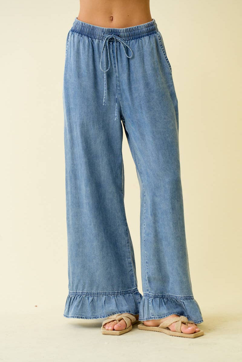 Good Days Only Denim Ruffle Pants-240 Pants-Doe and Rae-The Lovely Closet, Women's Fashion Boutique in Alexandria, KY