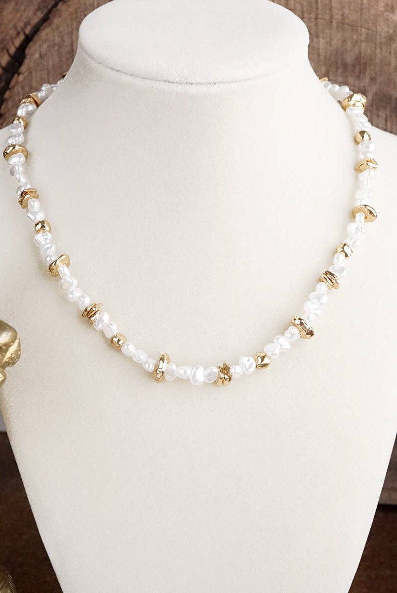 Golden Drift – Dainty Necklace with Faux Pearls and Nugget Beads-250 Jewelry-PennyLine inc-The Lovely Closet, Women's Fashion Boutique in Alexandria, KY