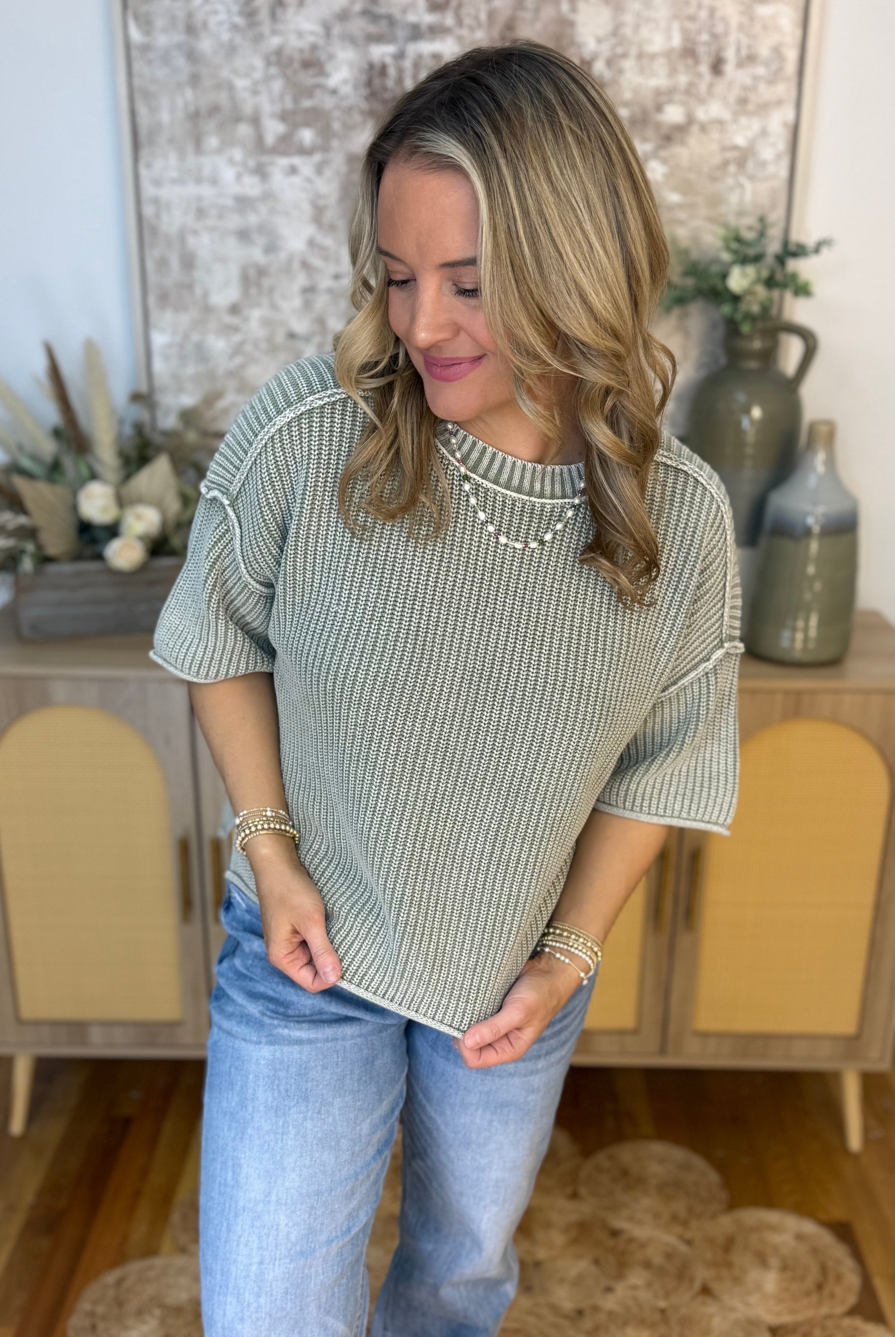 Let's Getaway Short Sleeve Sweater - Sage-100 Short Sleeve Tops-Blu Pepper-The Lovely Closet, Women's Fashion Boutique in Alexandria, KY
