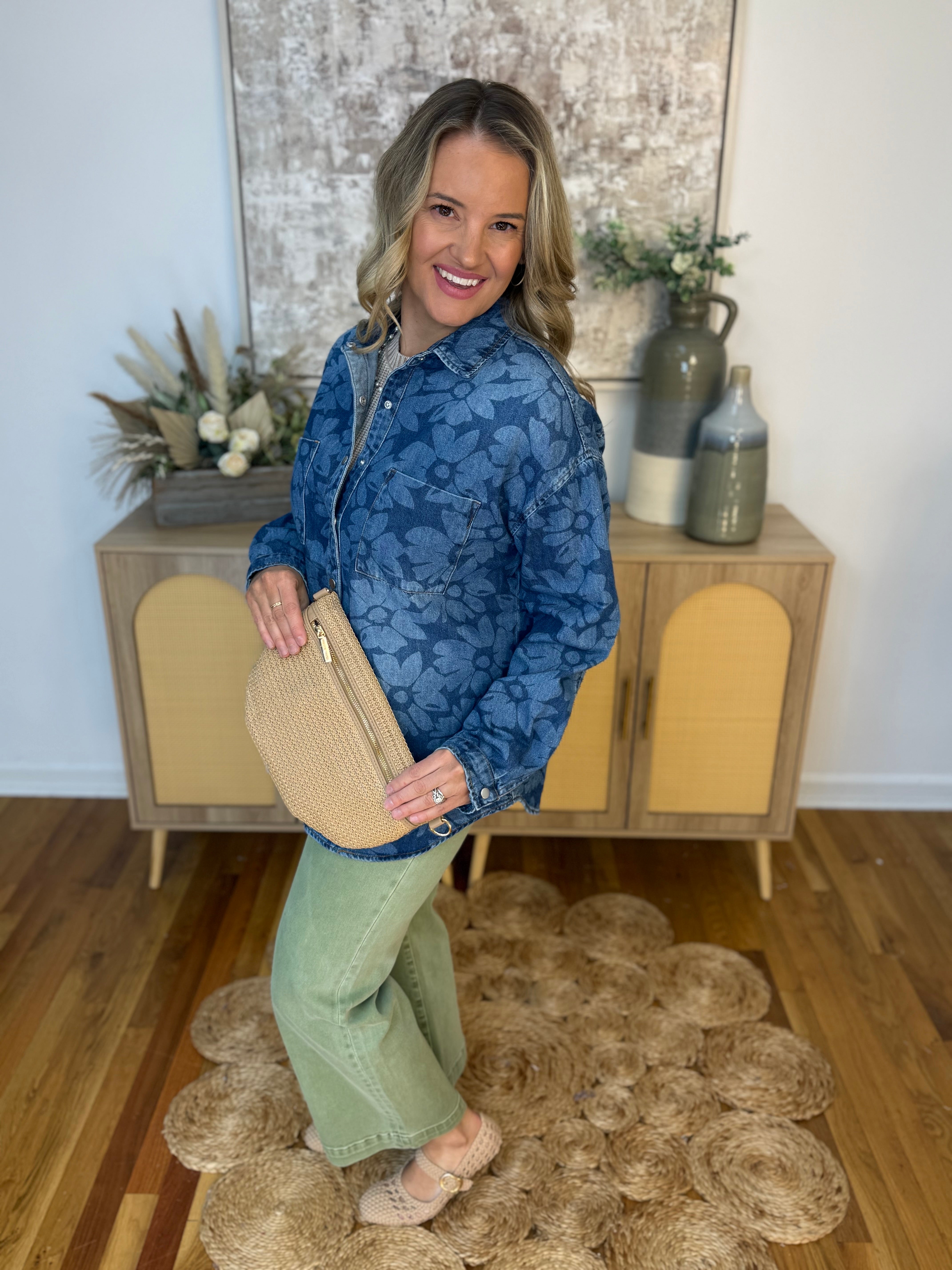 RISEN Floral Print Denim Shirt-110 Long Sleeve Top-Risen-The Lovely Closet, Women's Fashion Boutique in Alexandria, KY