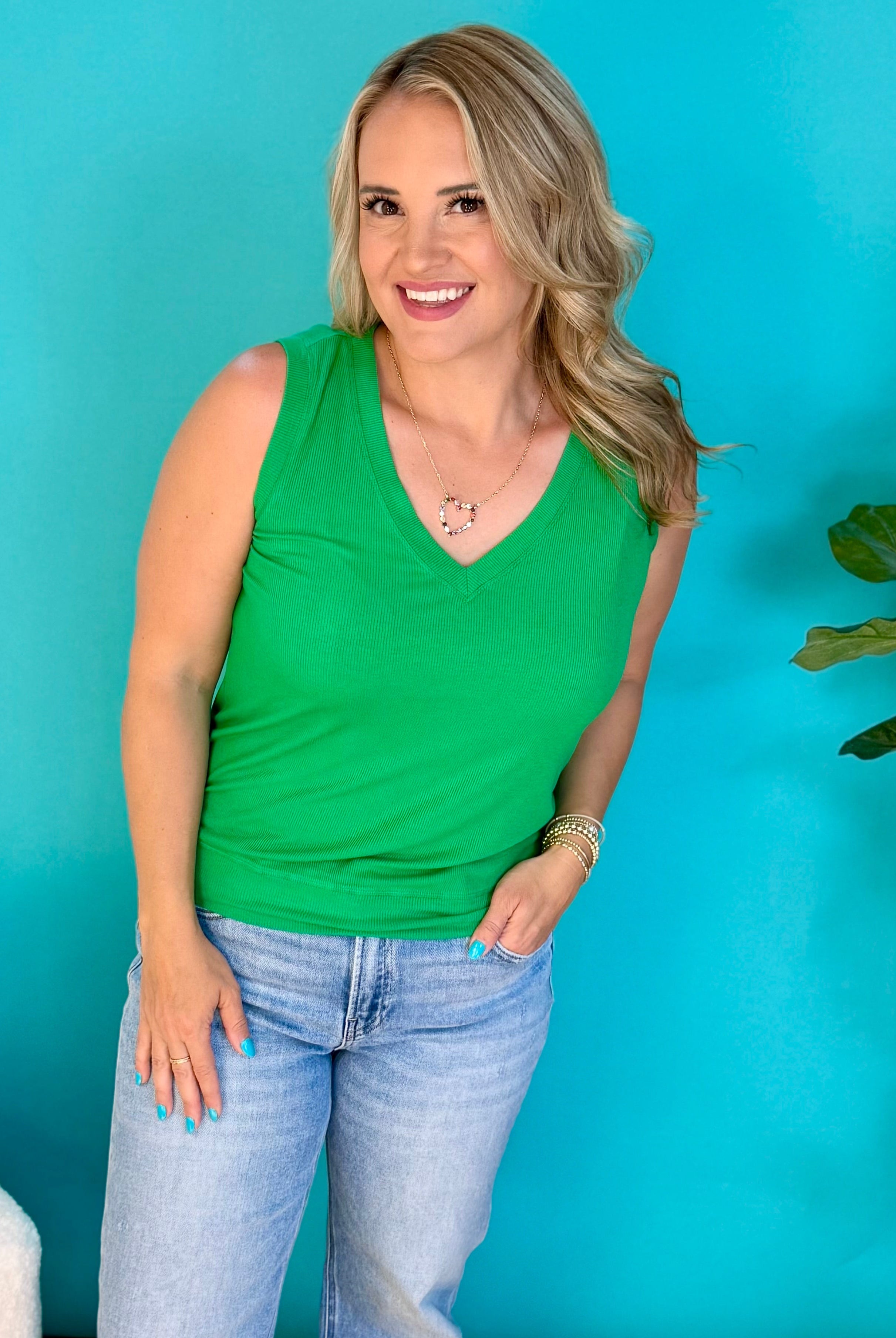 LuxeAir Ribbed Relaxed V-Neck Tank - Green-120 Sleeveless Tops-Yelete-The Lovely Closet, Women's Fashion Boutique in Alexandria, KY