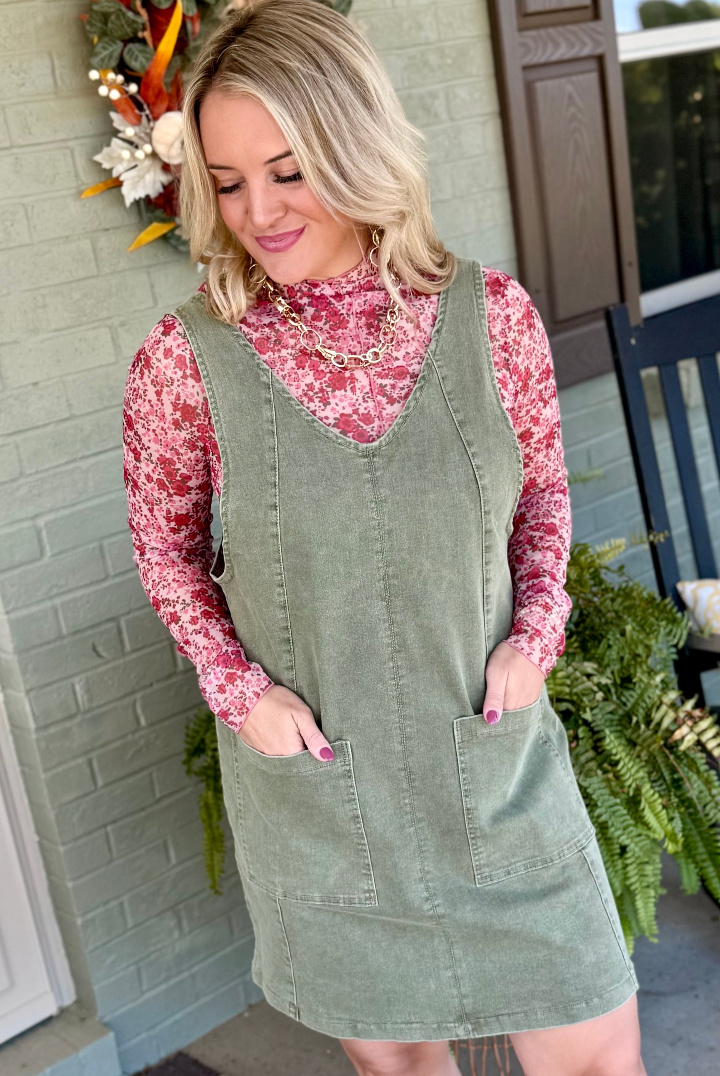 Maple Lane Overall Mini Dress - Olive-180 Dresses-Anniewear-The Lovely Closet, Women's Fashion Boutique in Alexandria, KY
