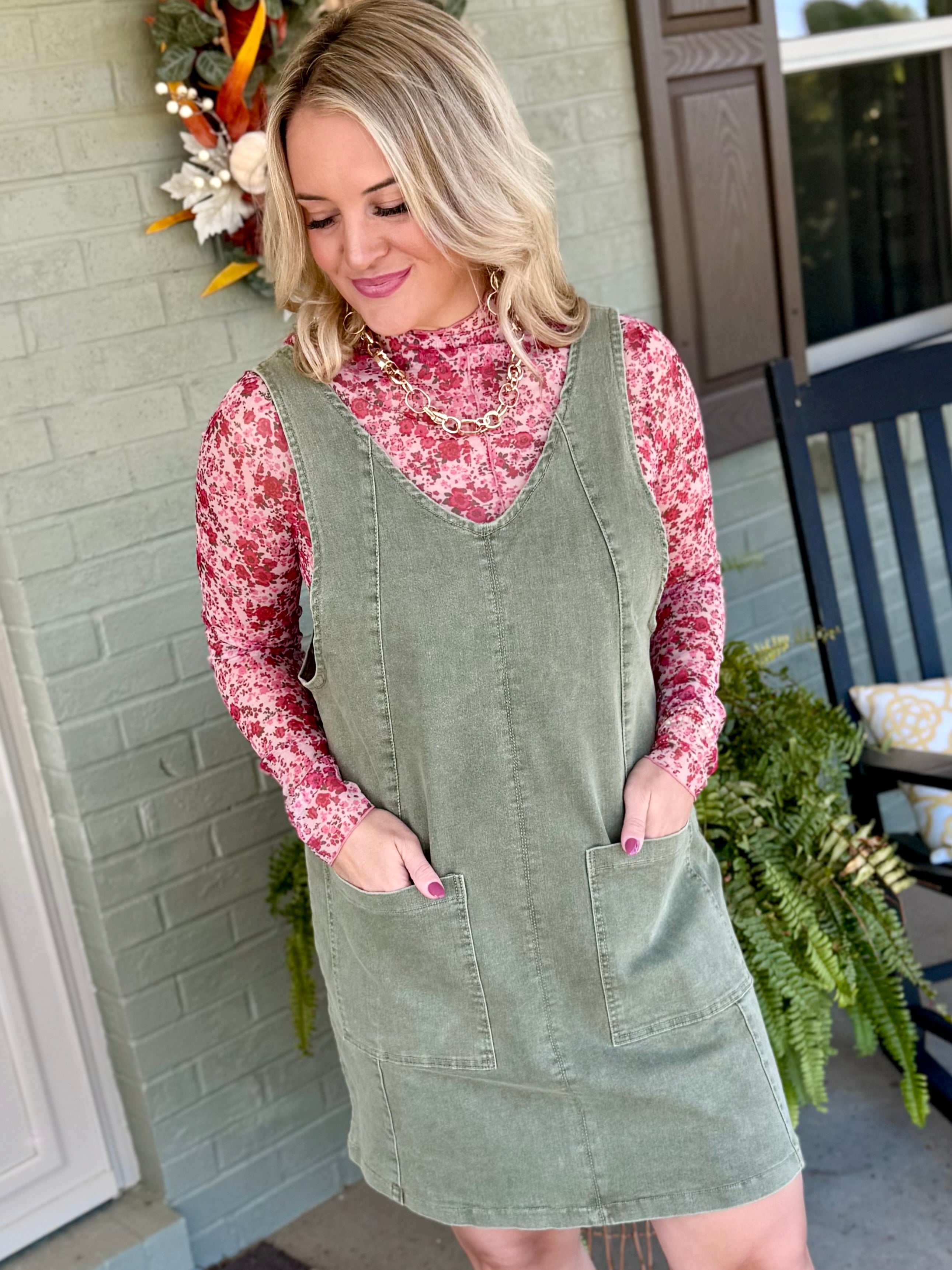 Maple Lane Overall Mini Dress - Olive-180 Dresses-Anniewear-The Lovely Closet, Women's Fashion Boutique in Alexandria, KY