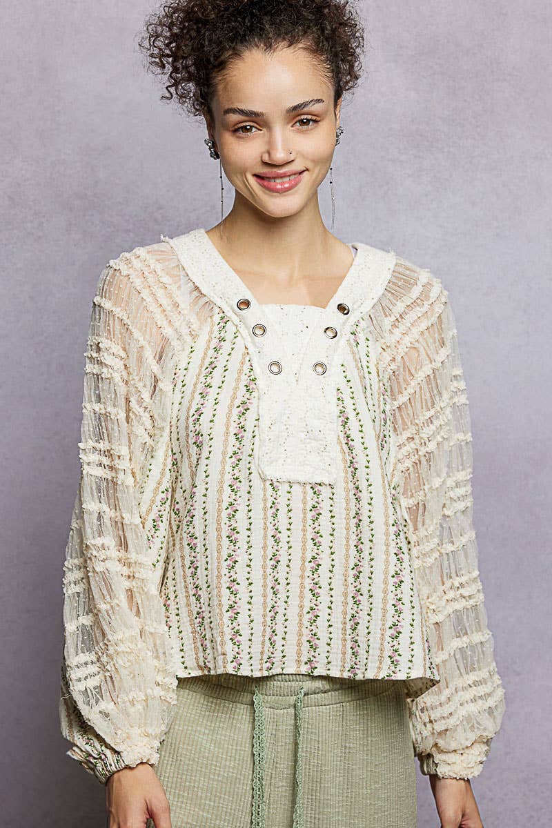 Long Sleeve Lace Contrast Printed Woven Top-110 Long Sleeve Top-Pol Clothing-The Lovely Closet, Women's Fashion Boutique in Alexandria, KY