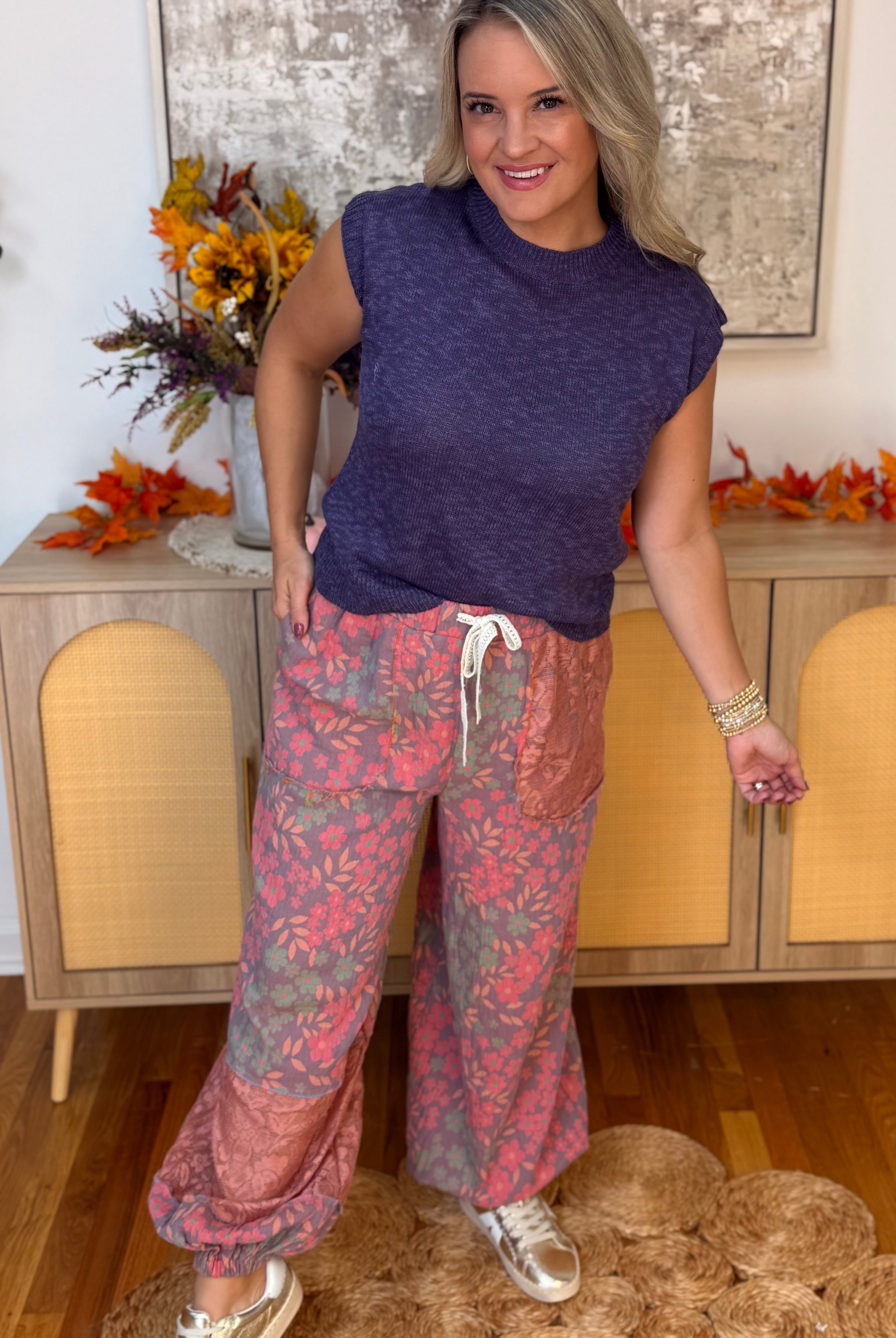 Floral Patchwork Jogger Pants-240 Pants-Pol Clothing-The Lovely Closet, Women's Fashion Boutique in Alexandria, KY