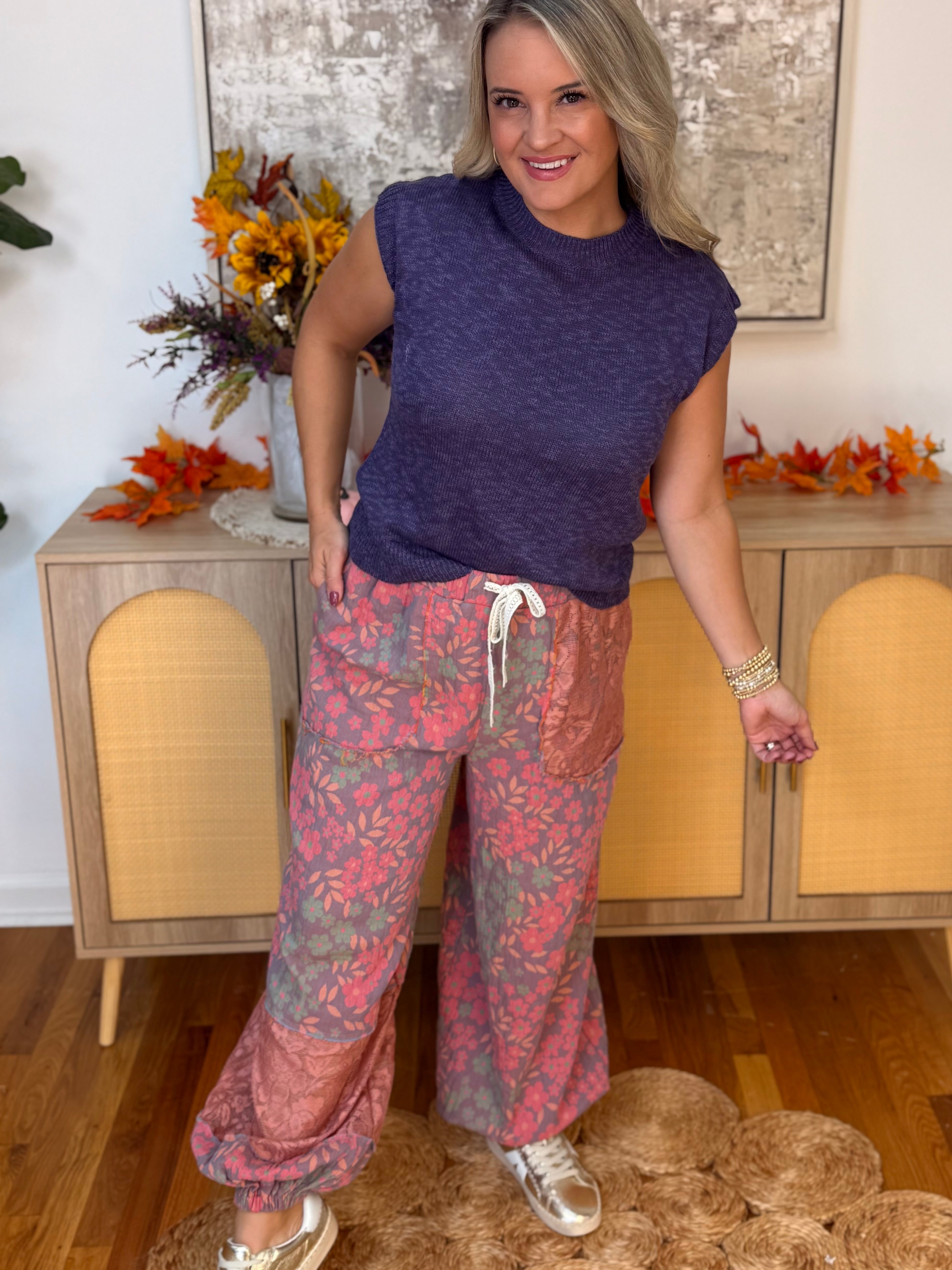 Floral Patchwork Jogger Pants-240 Pants-Pol Clothing-The Lovely Closet, Women's Fashion Boutique in Alexandria, KY