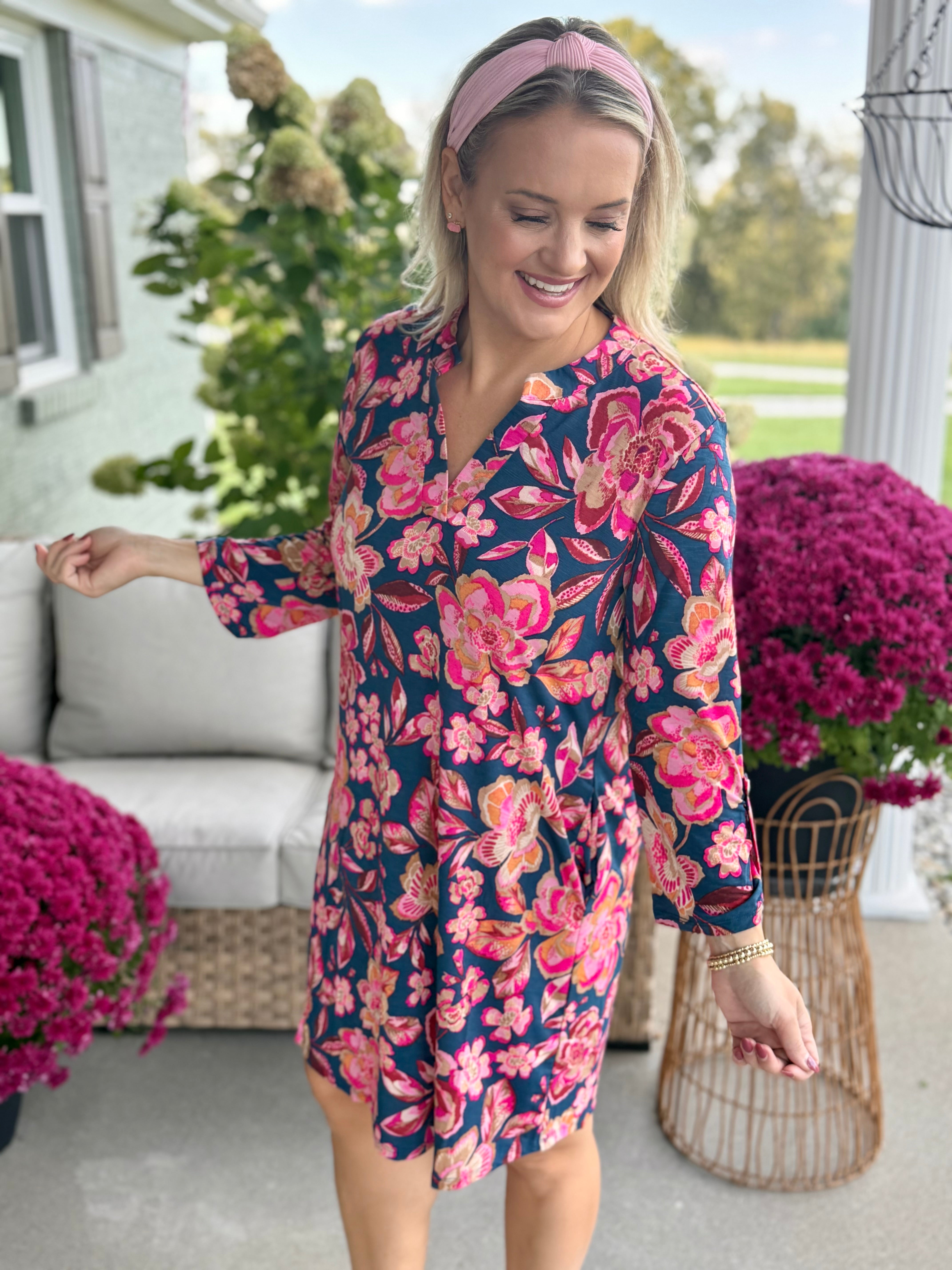 Everly Essential Dress - Pink & Teal Print-180 Dresses-Donation Pink-The Lovely Closet, Women's Fashion Boutique in Alexandria, KY