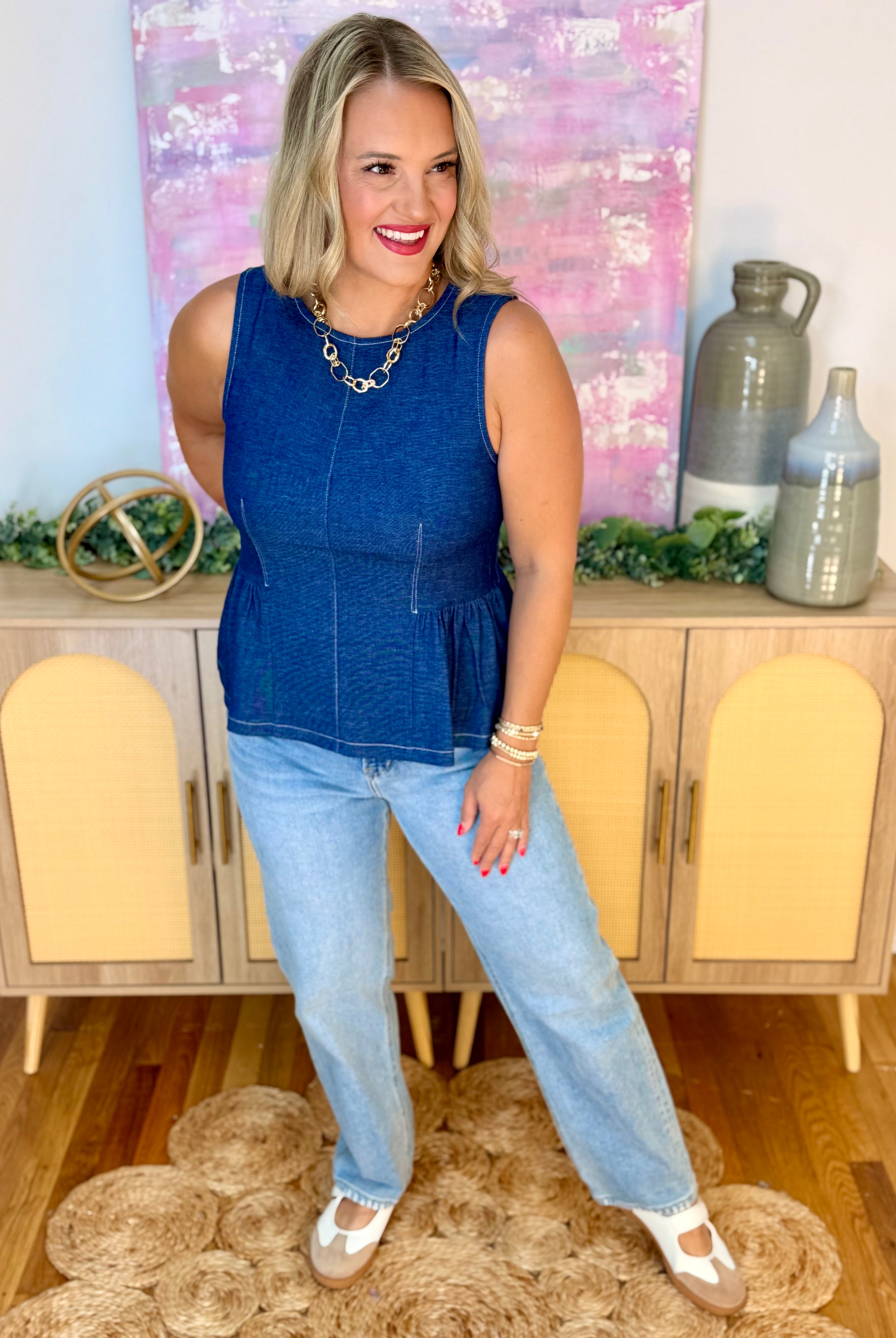 Darling Days Peplum Top - Denim Blue-120 Sleeveless Tops-She + Sky-The Lovely Closet, Women's Fashion Boutique in Alexandria, KY